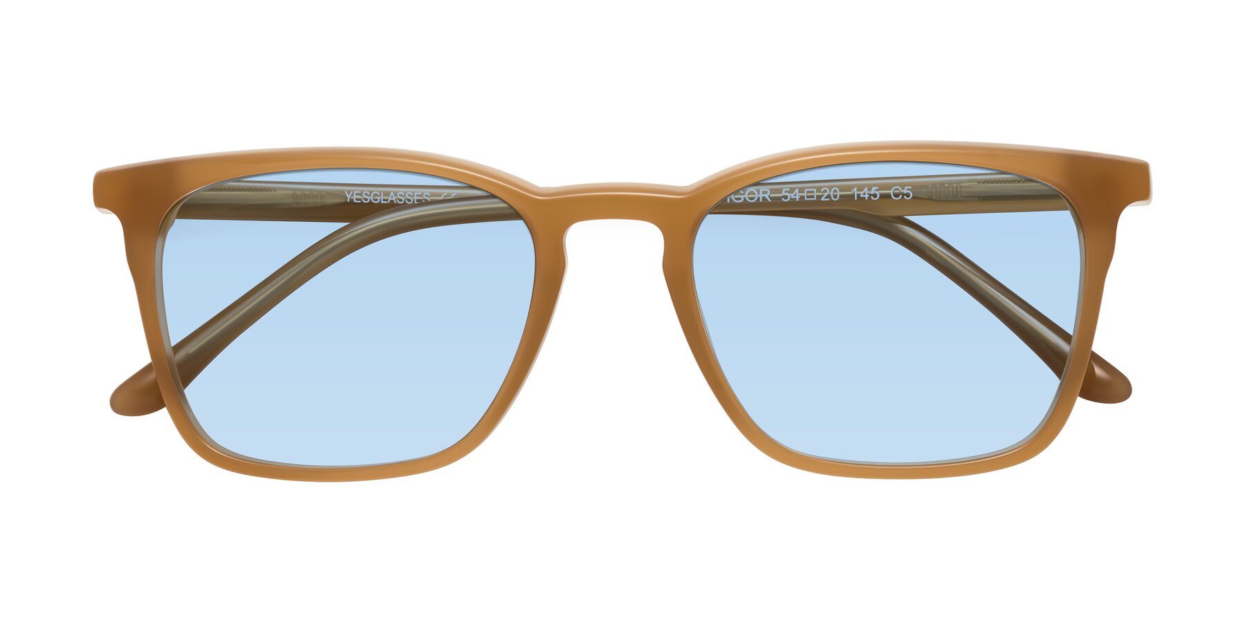 Folded Front of Vigor in Caramel with Light Blue Tinted Lenses