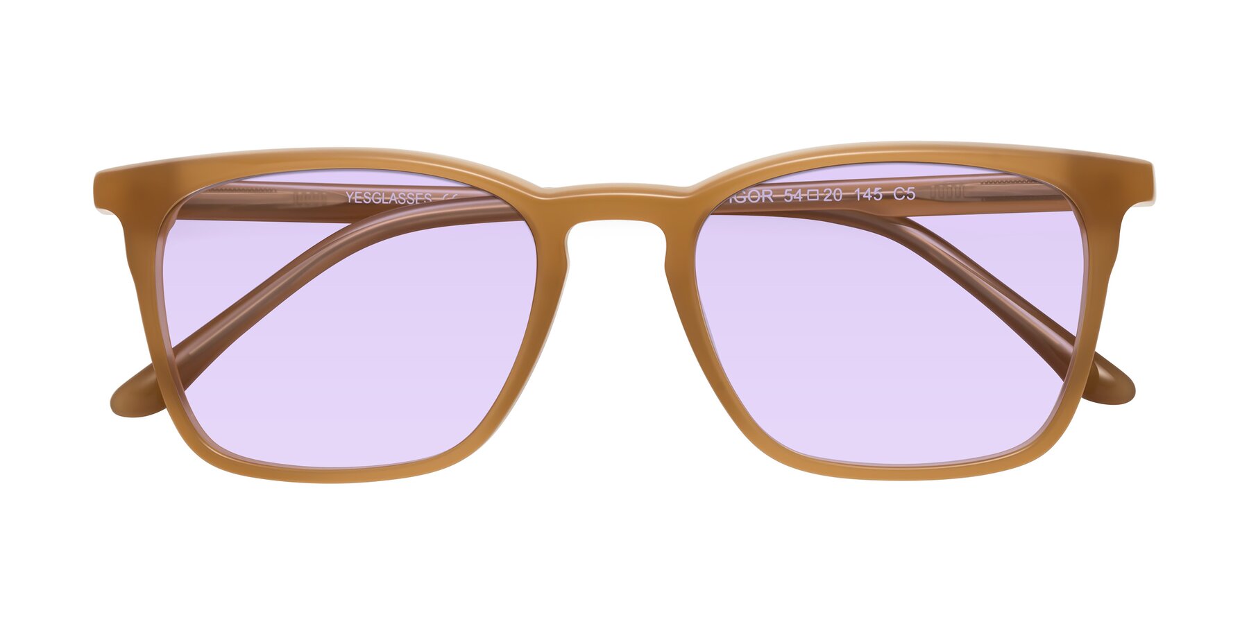 Folded Front of Vigor in Caramel with Light Purple Tinted Lenses