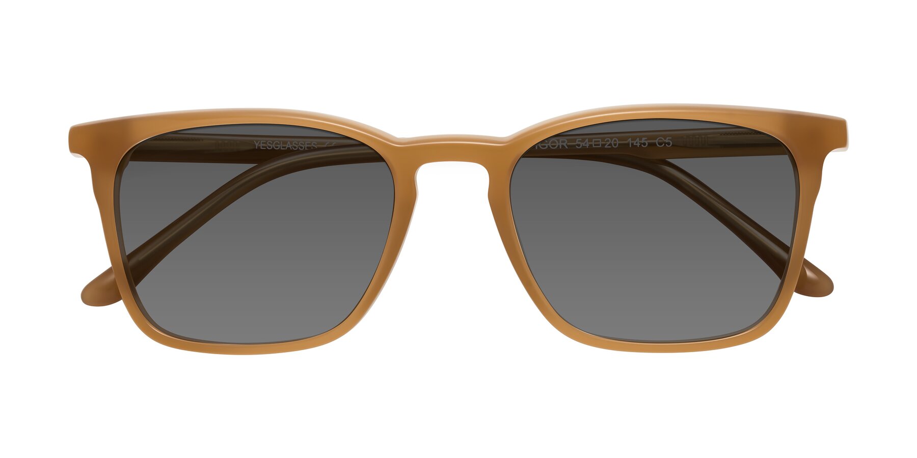 Folded Front of Vigor in Caramel with Medium Gray Tinted Lenses