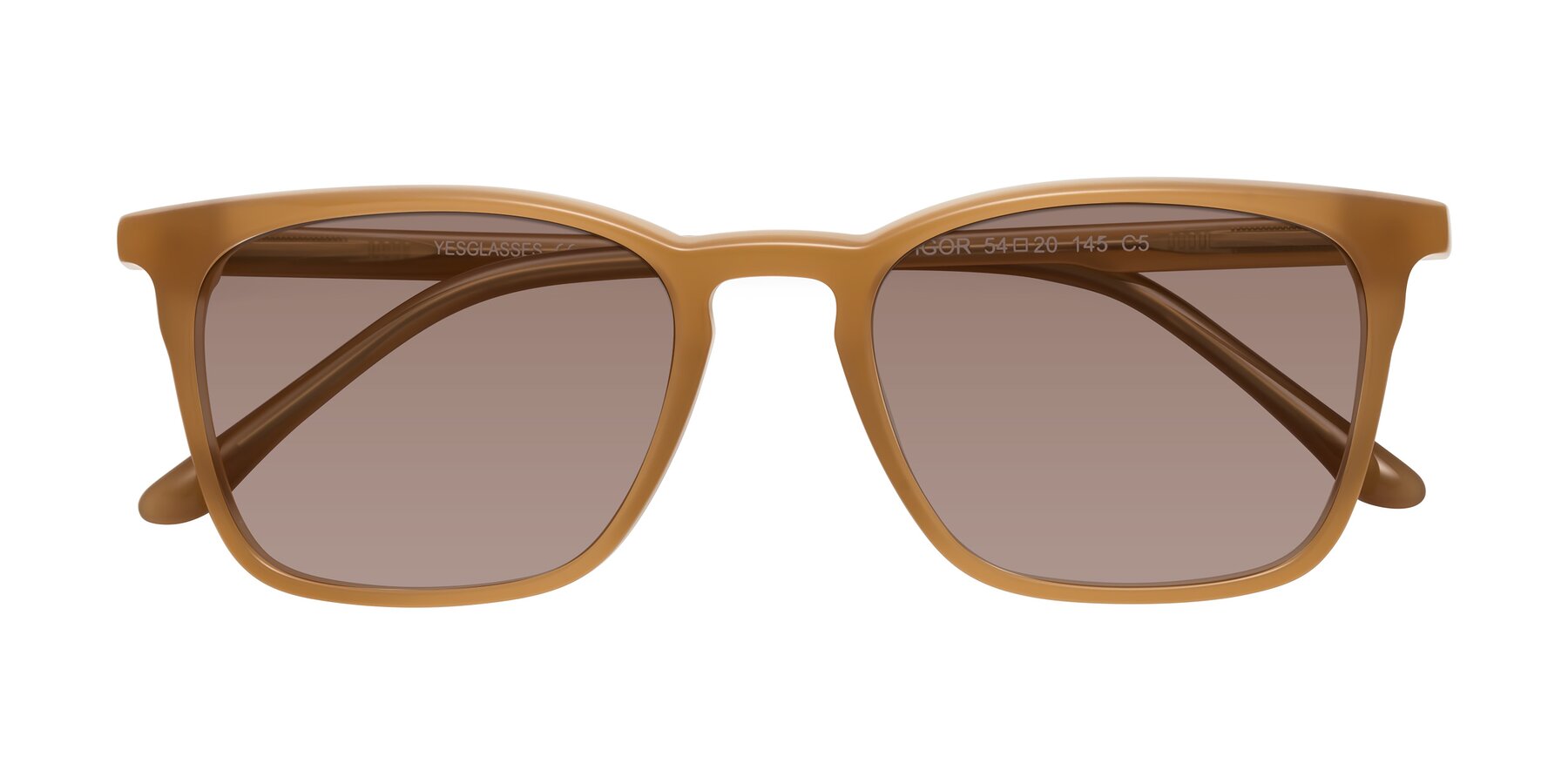 Folded Front of Vigor in Caramel with Medium Brown Tinted Lenses