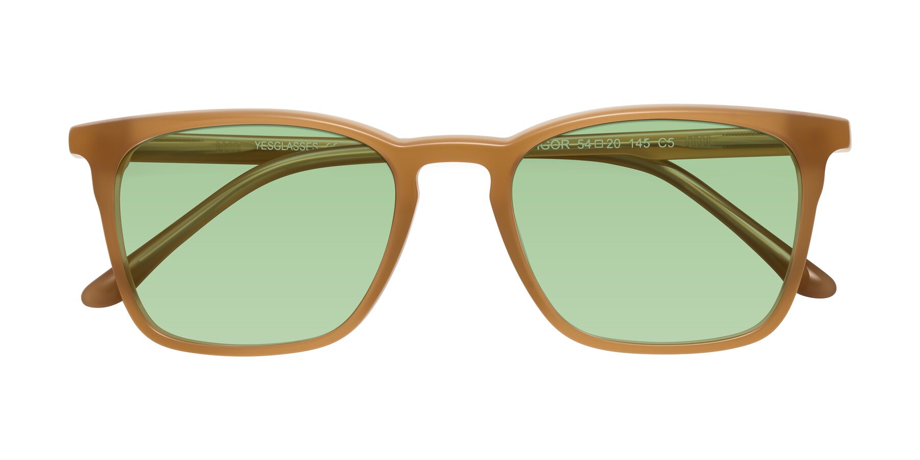 Folded Front of Vigor in Caramel with Medium Green Tinted Lenses