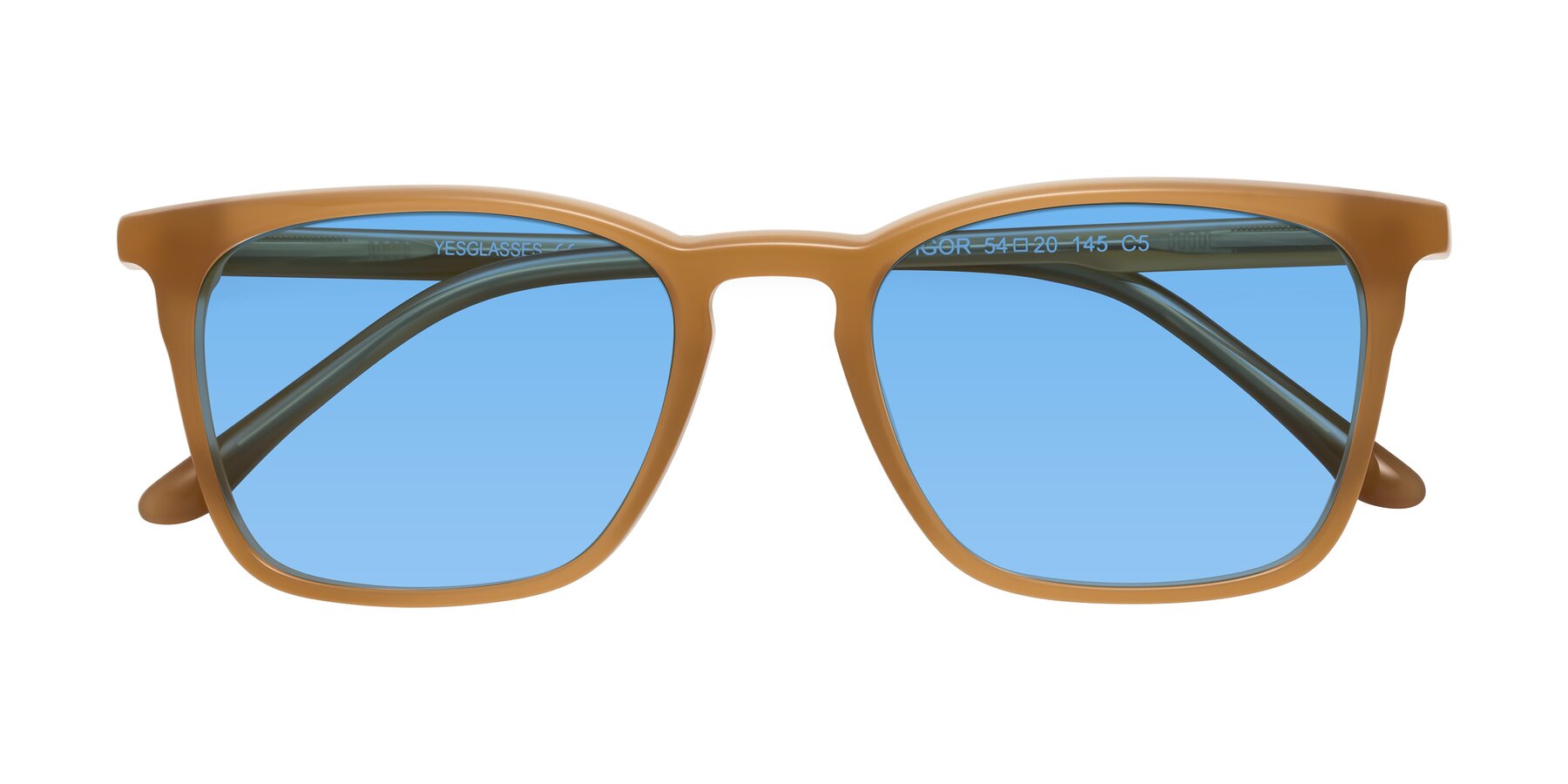 Folded Front of Vigor in Caramel with Medium Blue Tinted Lenses