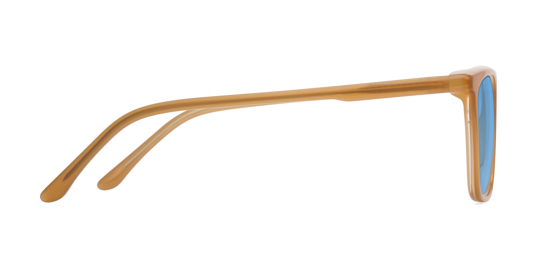 Side of Vigor in Caramel with Medium Blue Tinted Lenses