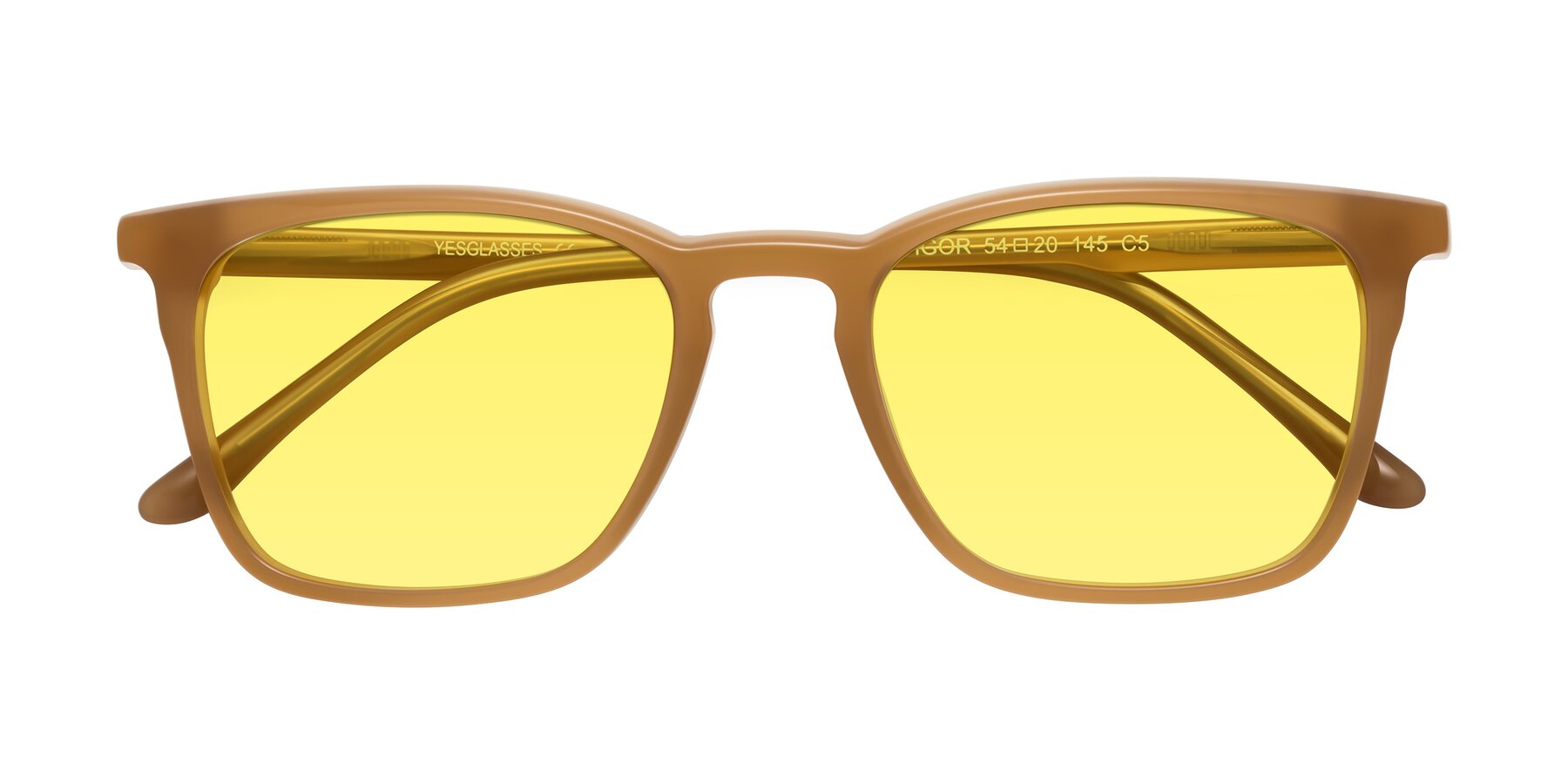 Folded Front of Vigor in Caramel with Medium Yellow Tinted Lenses