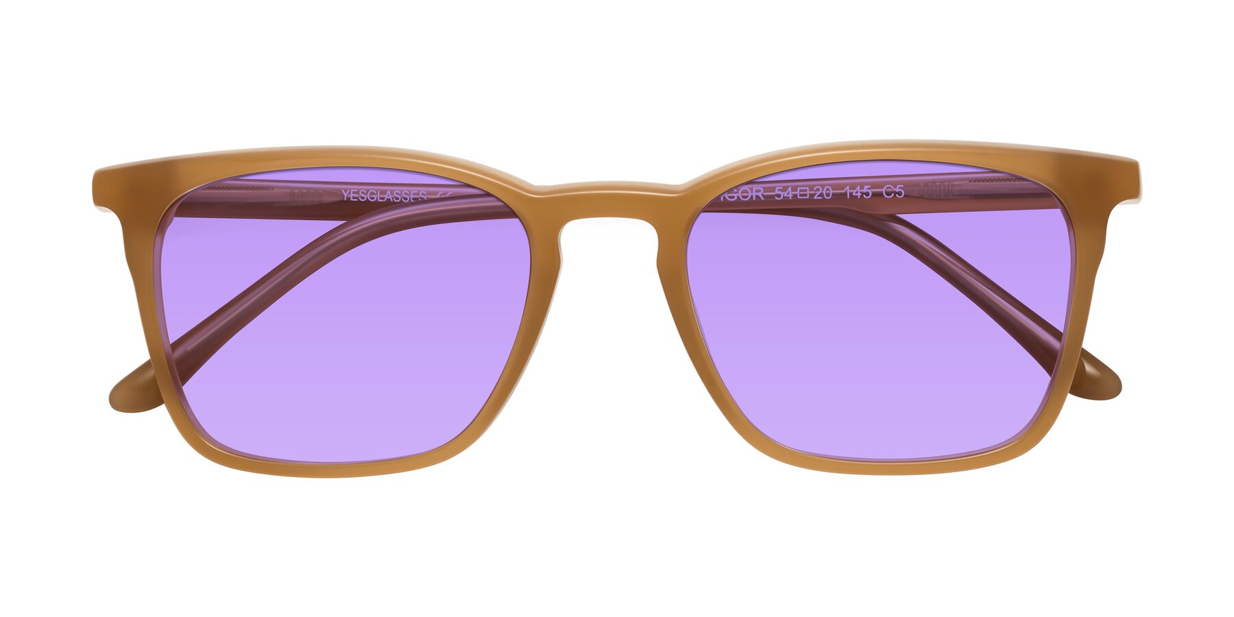 Folded Front of Vigor in Caramel with Medium Purple Tinted Lenses