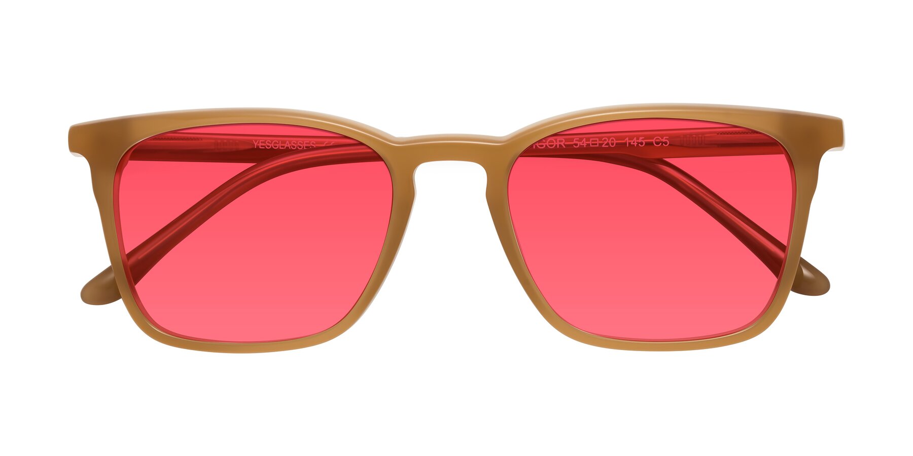 Folded Front of Vigor in Caramel with Red Tinted Lenses