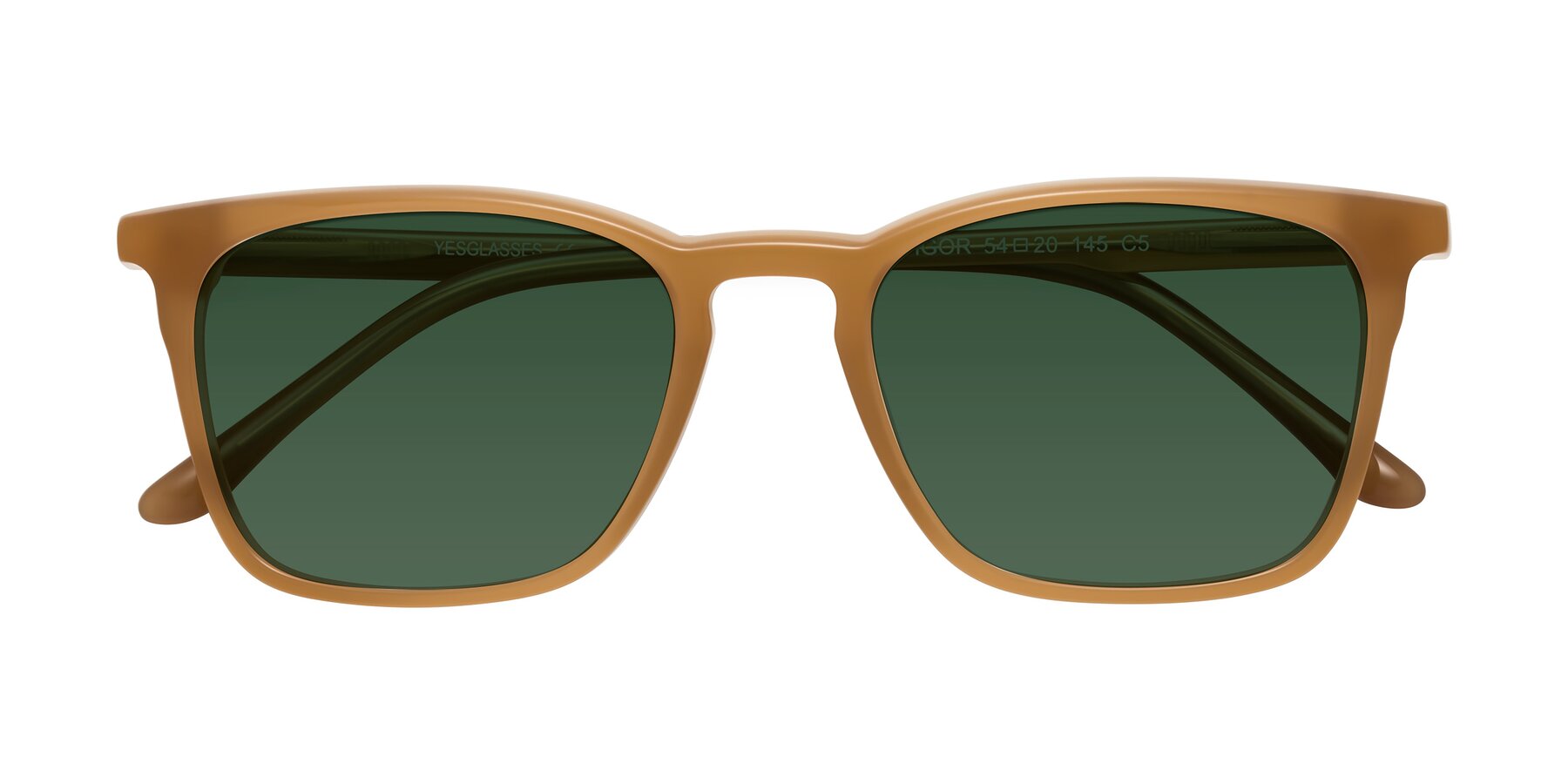 Folded Front of Vigor in Caramel with Green Tinted Lenses