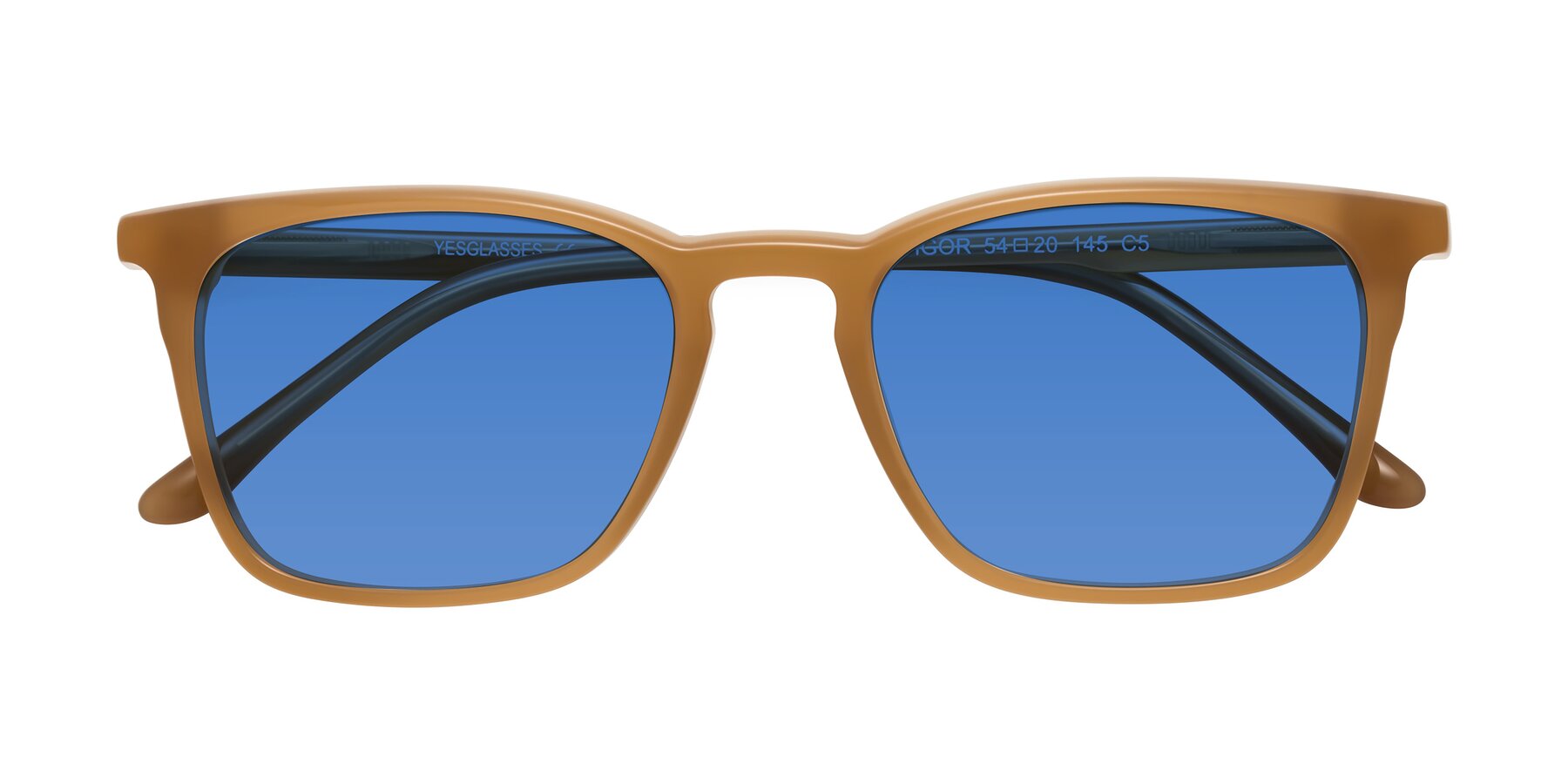 Folded Front of Vigor in Caramel with Blue Tinted Lenses