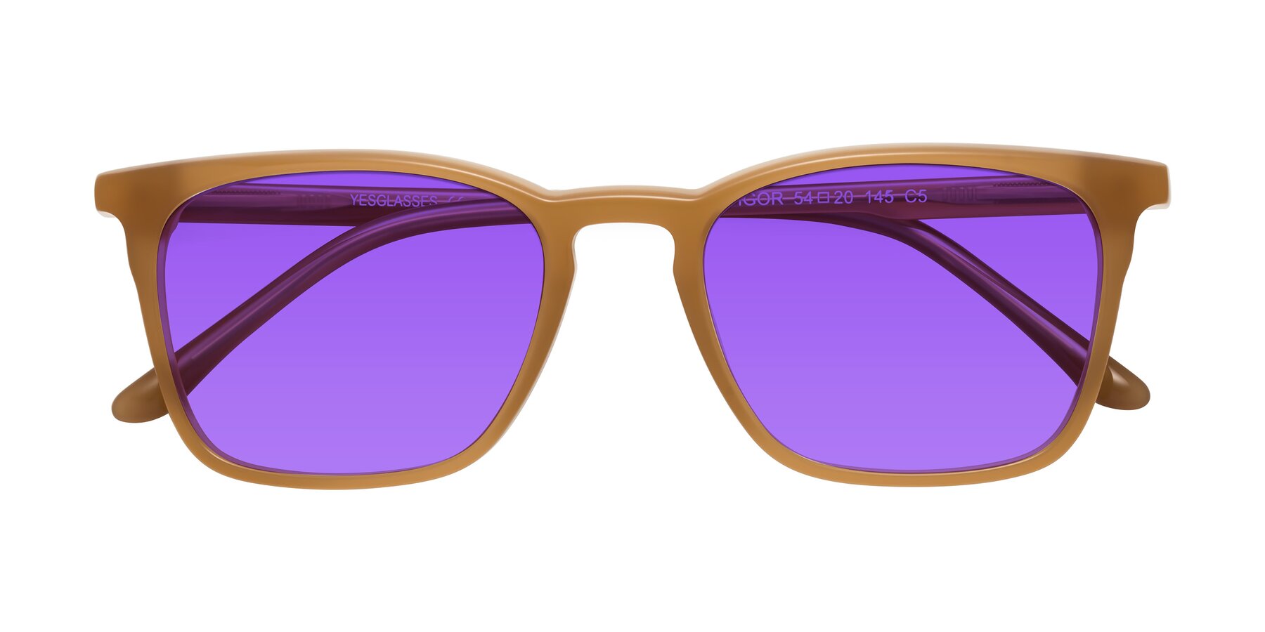 Folded Front of Vigor in Caramel with Purple Tinted Lenses