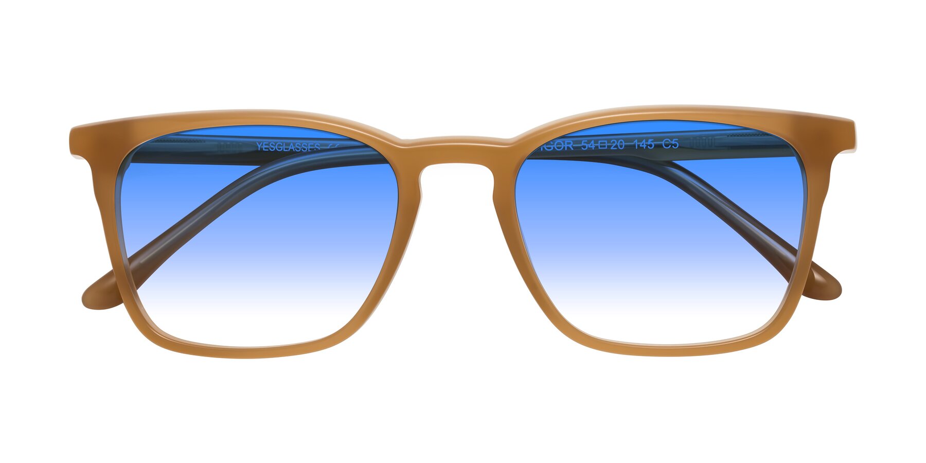 Folded Front of Vigor in Caramel with Blue Gradient Lenses