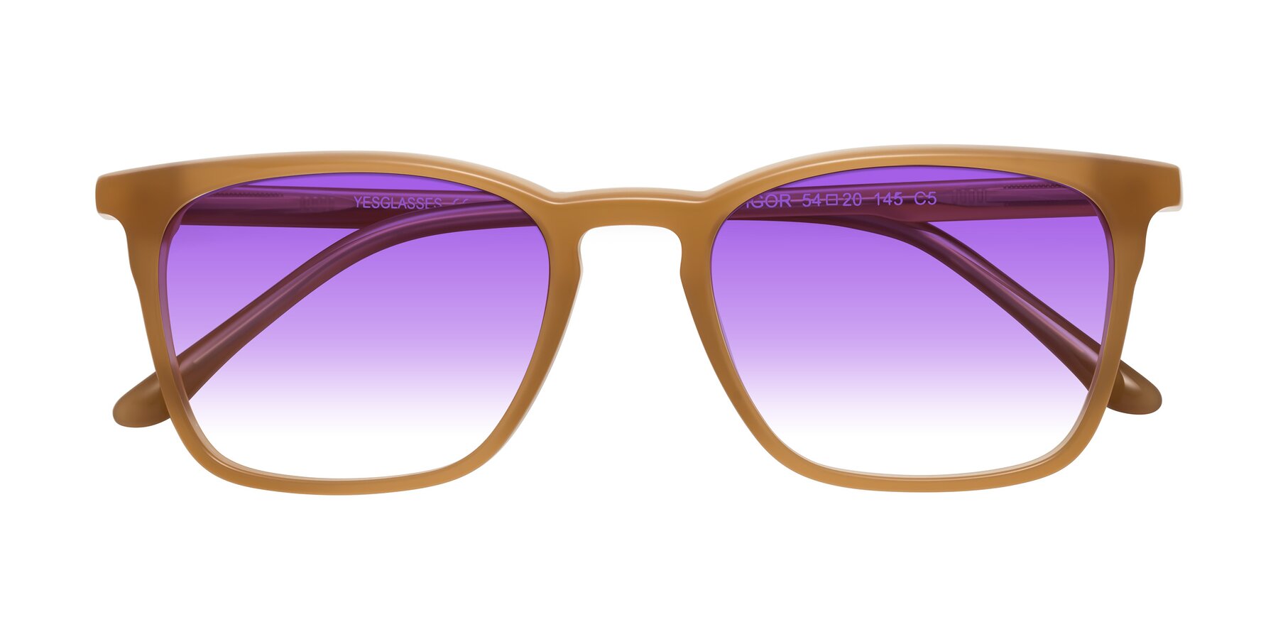 Folded Front of Vigor in Caramel with Purple Gradient Lenses