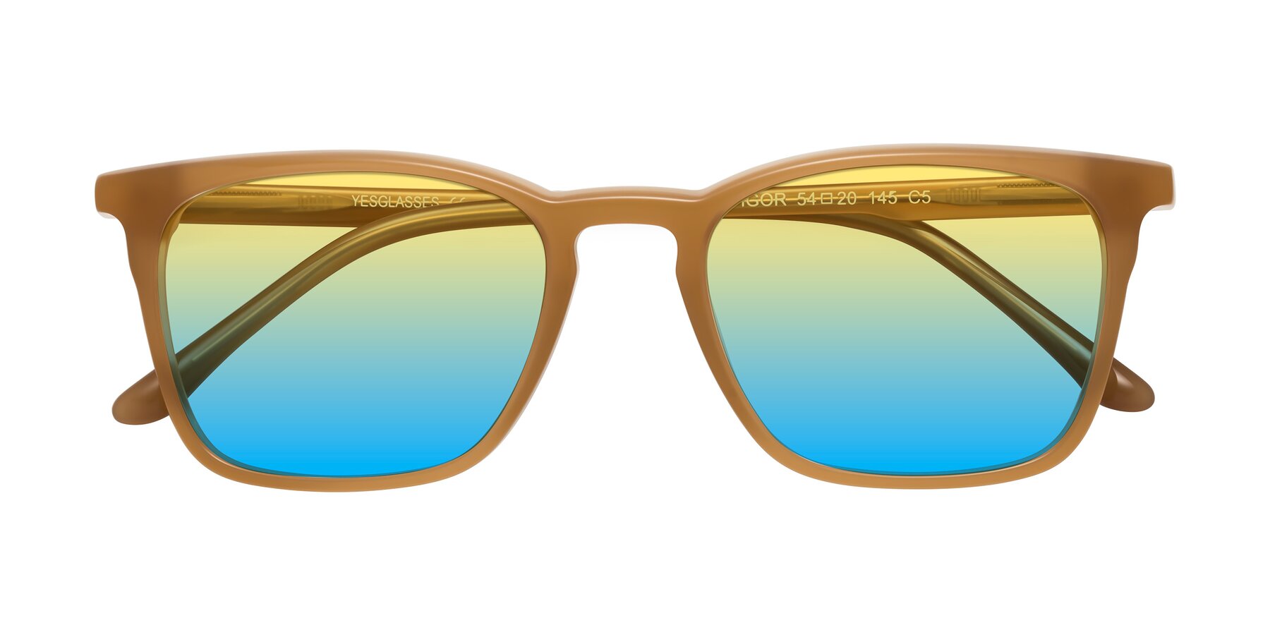 Folded Front of Vigor in Caramel with Yellow / Blue Gradient Lenses