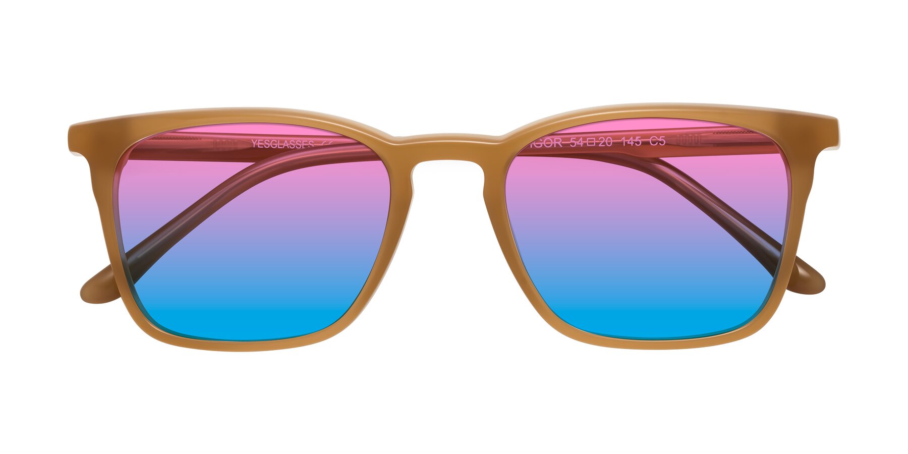 Folded Front of Vigor in Caramel with Pink / Blue Gradient Lenses