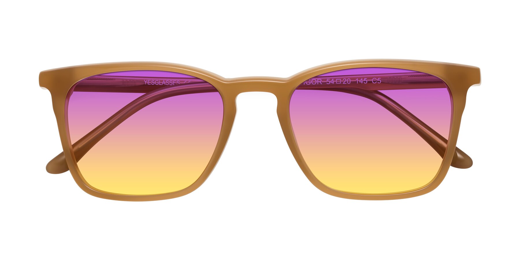 Folded Front of Vigor in Caramel with Purple / Yellow Gradient Lenses