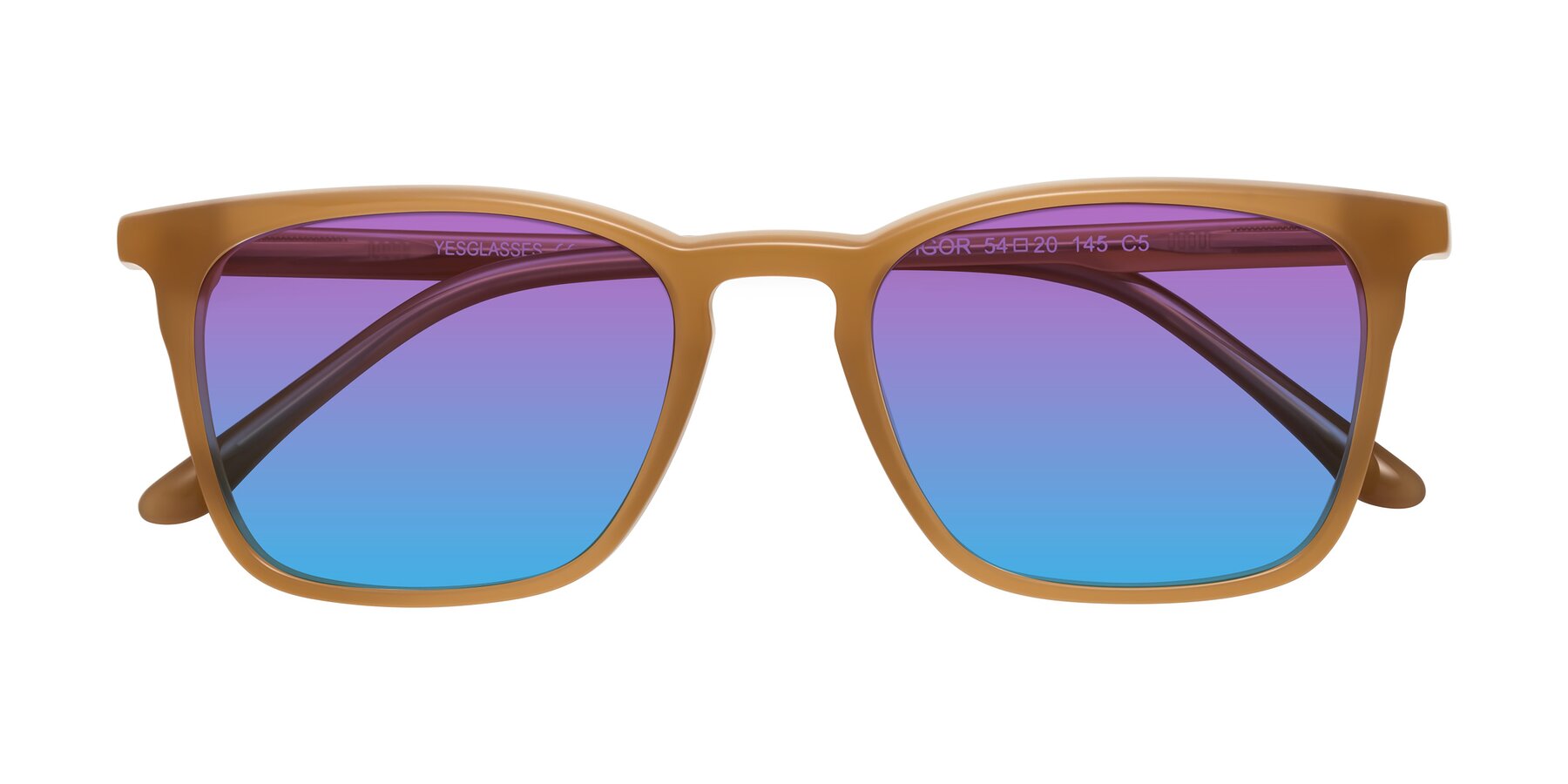 Folded Front of Vigor in Caramel with Purple / Blue Gradient Lenses