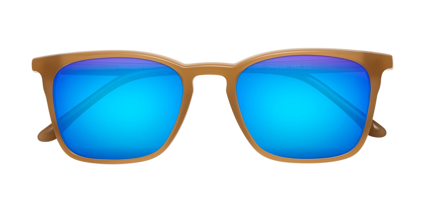 Folded Front of Vigor in Caramel with Blue Mirrored Lenses