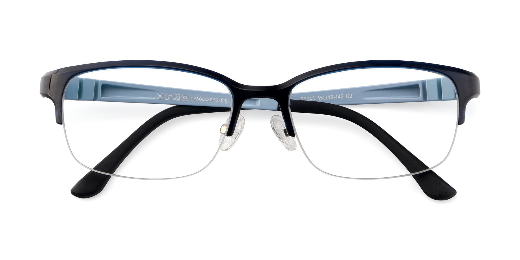 Folded Front of S7043 in Black-Blue with Clear Eyeglass Lenses