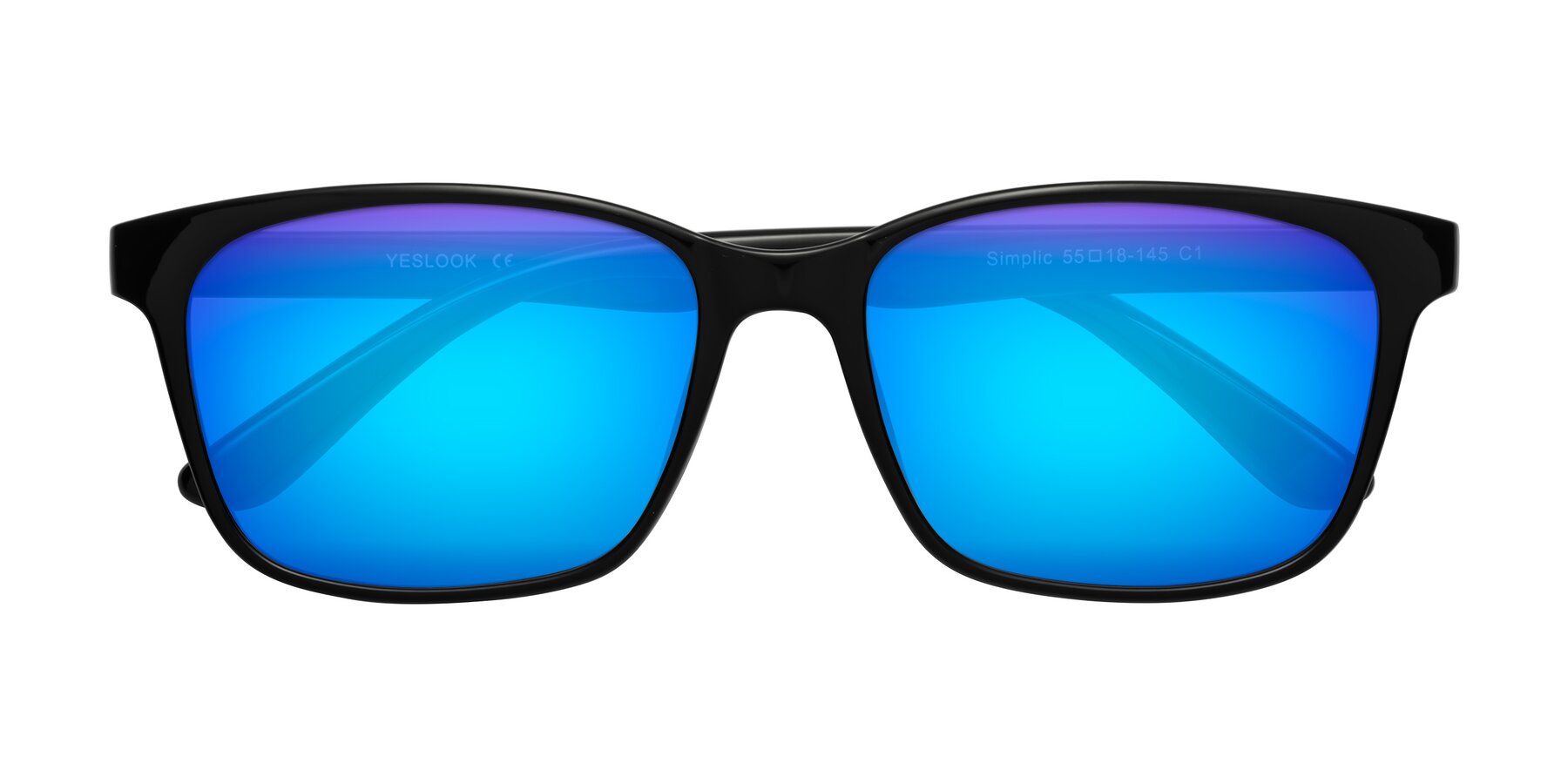 Folded Front of Simplic in Black with Blue Mirrored Lenses