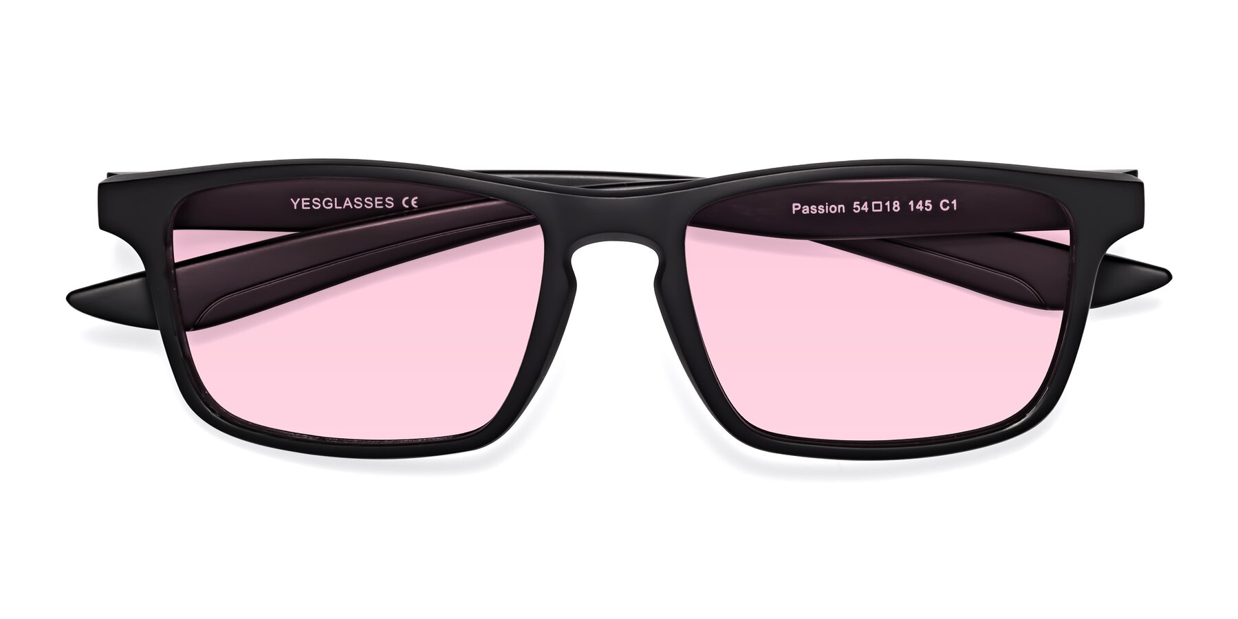 Folded Front of Passion in Matte Black with Light Pink Tinted Lenses