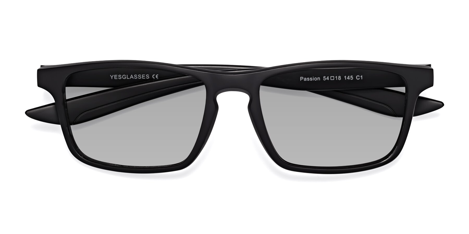 Folded Front of Passion in Matte Black with Light Gray Tinted Lenses