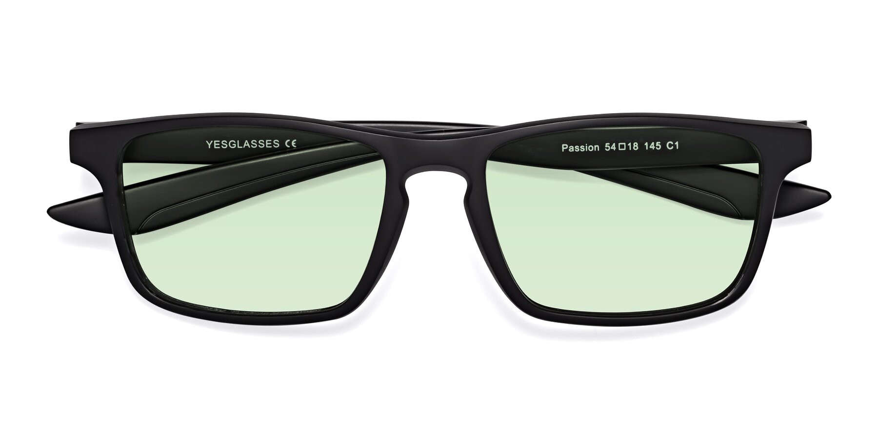 Folded Front of Passion in Matte Black with Light Green Tinted Lenses