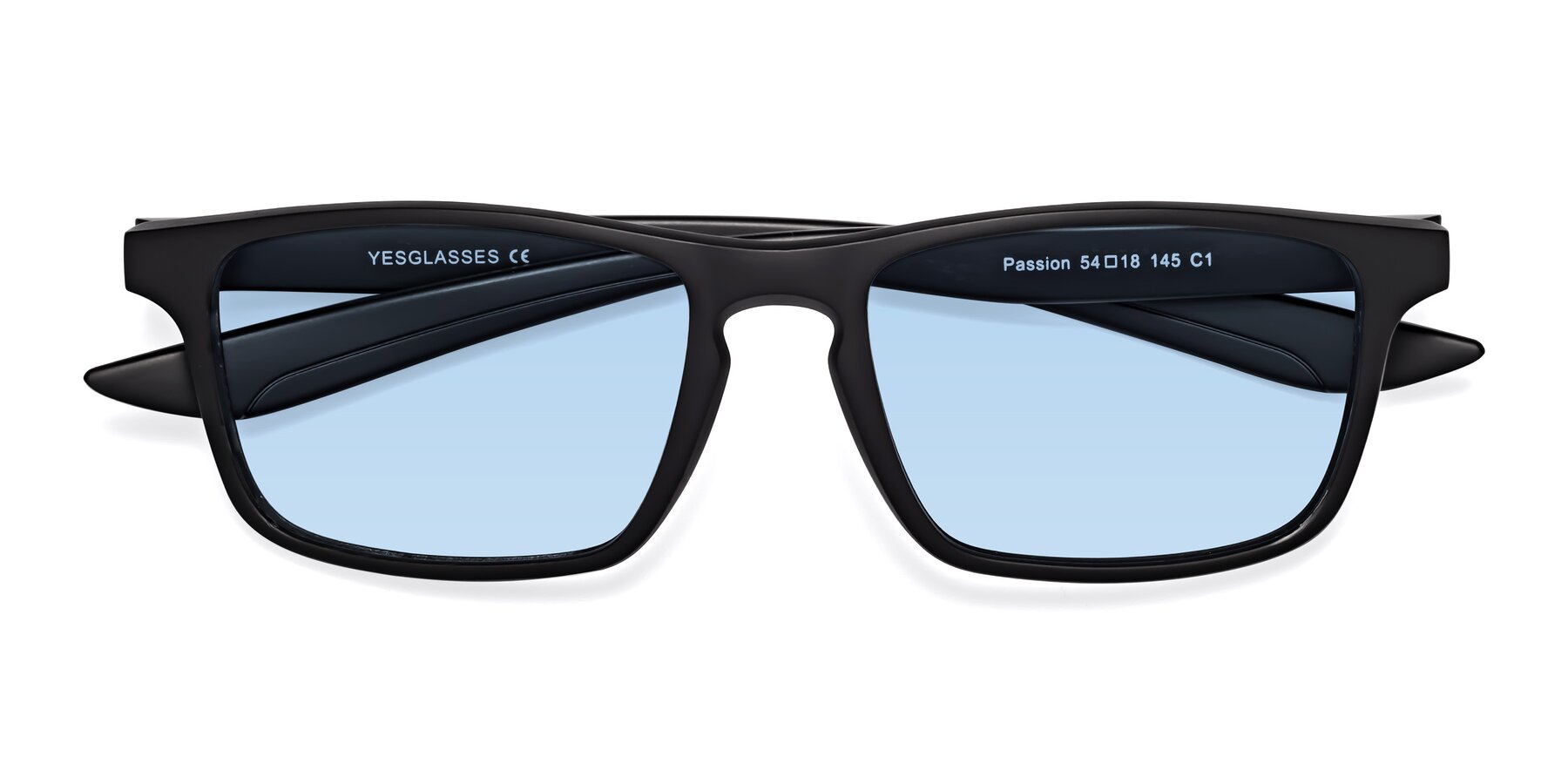 Folded Front of Passion in Matte Black with Light Blue Tinted Lenses