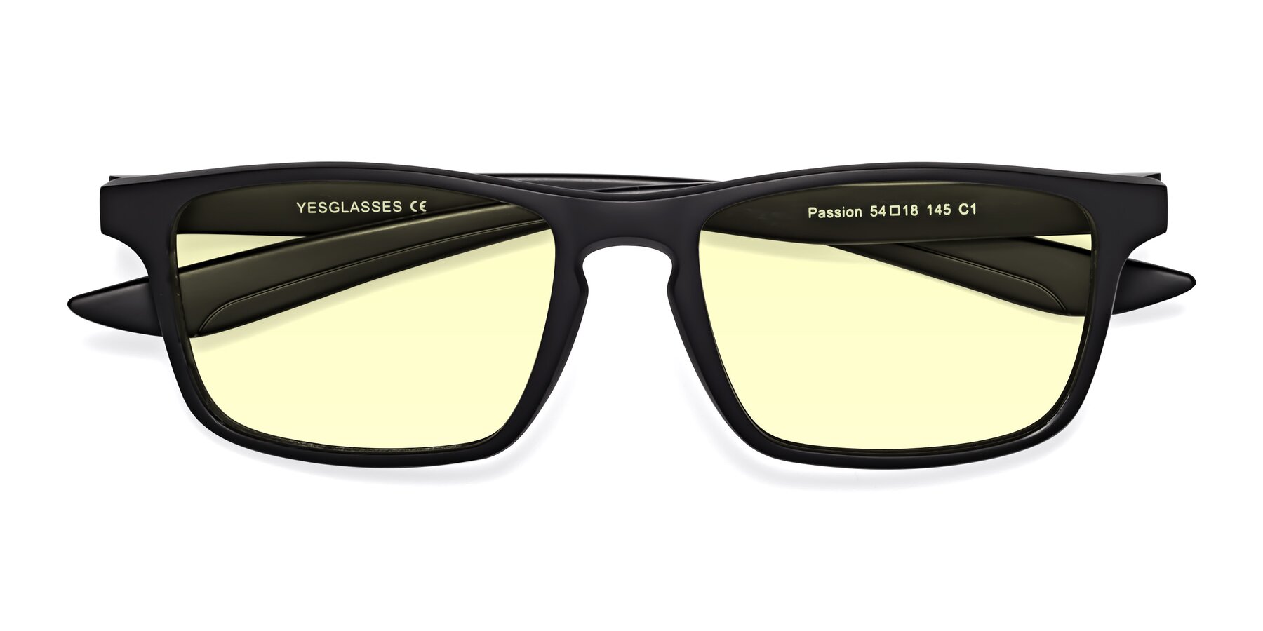 Folded Front of Passion in Matte Black with Light Yellow Tinted Lenses