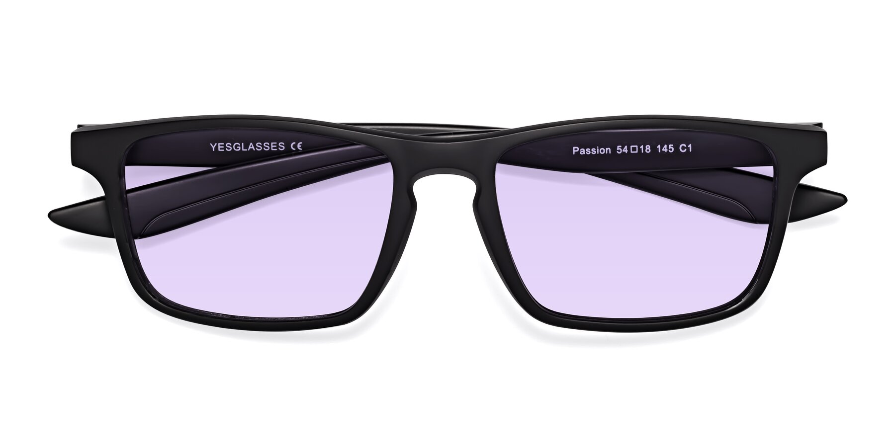 Folded Front of Passion in Matte Black with Light Purple Tinted Lenses