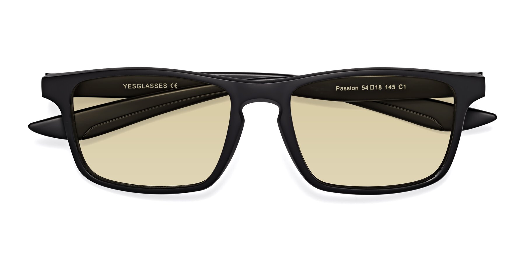Folded Front of Passion in Matte Black with Light Champagne Tinted Lenses