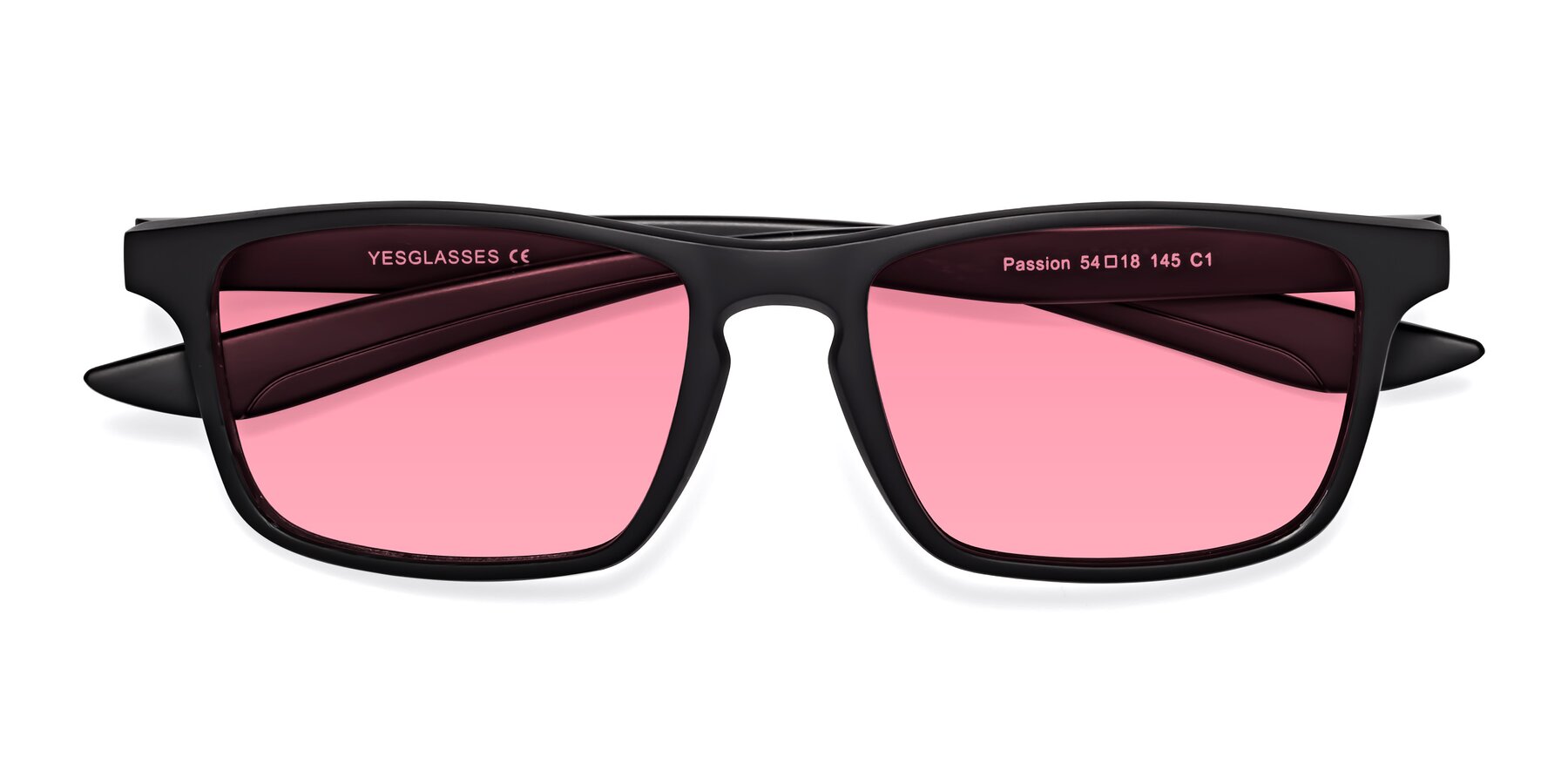 Folded Front of Passion in Matte Black with Pink Tinted Lenses