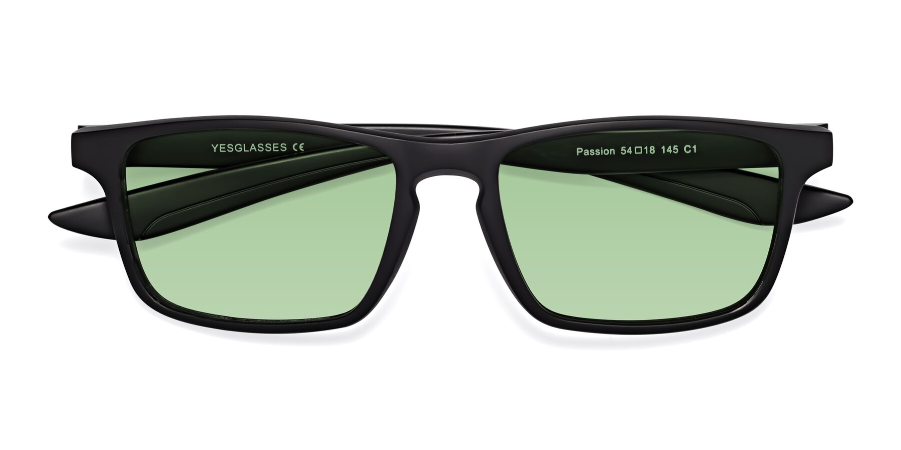 Folded Front of Passion in Matte Black with Medium Green Tinted Lenses