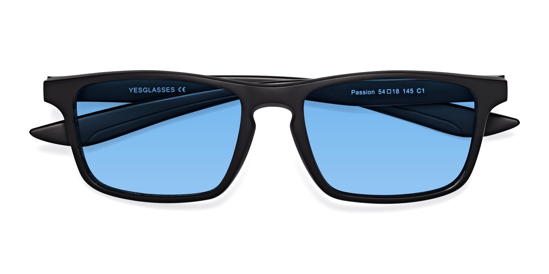 Folded Front of Passion in Matte Black with Medium Blue Tinted Lenses