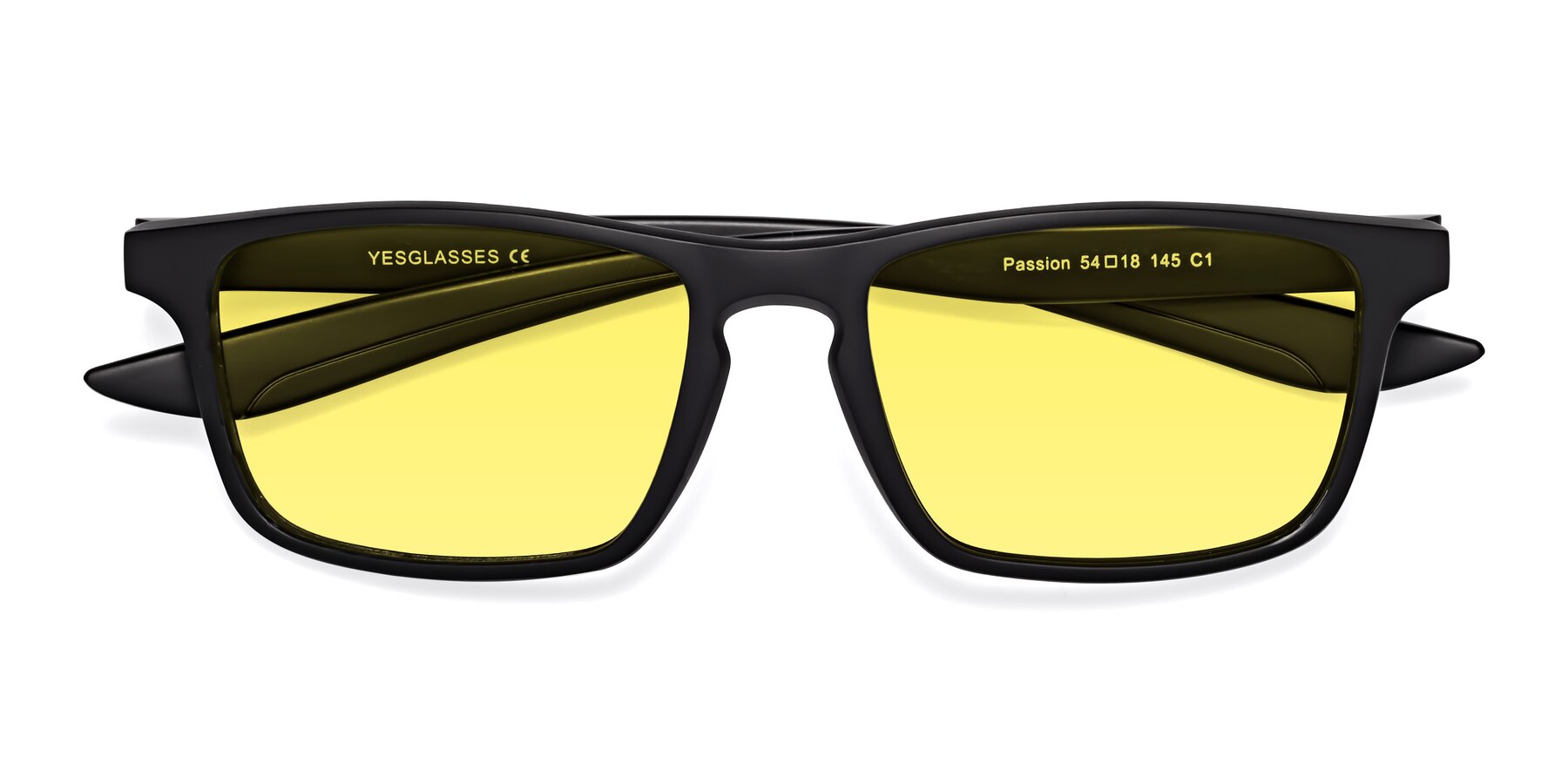 Folded Front of Passion in Matte Black with Medium Yellow Tinted Lenses
