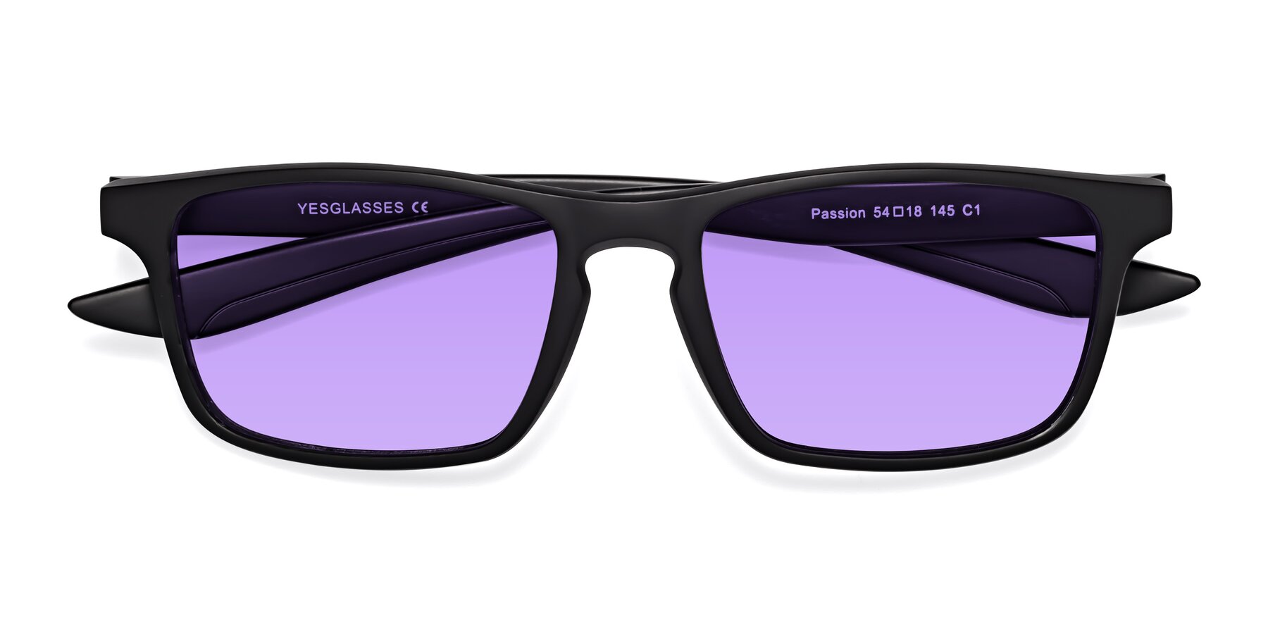 Folded Front of Passion in Matte Black with Medium Purple Tinted Lenses