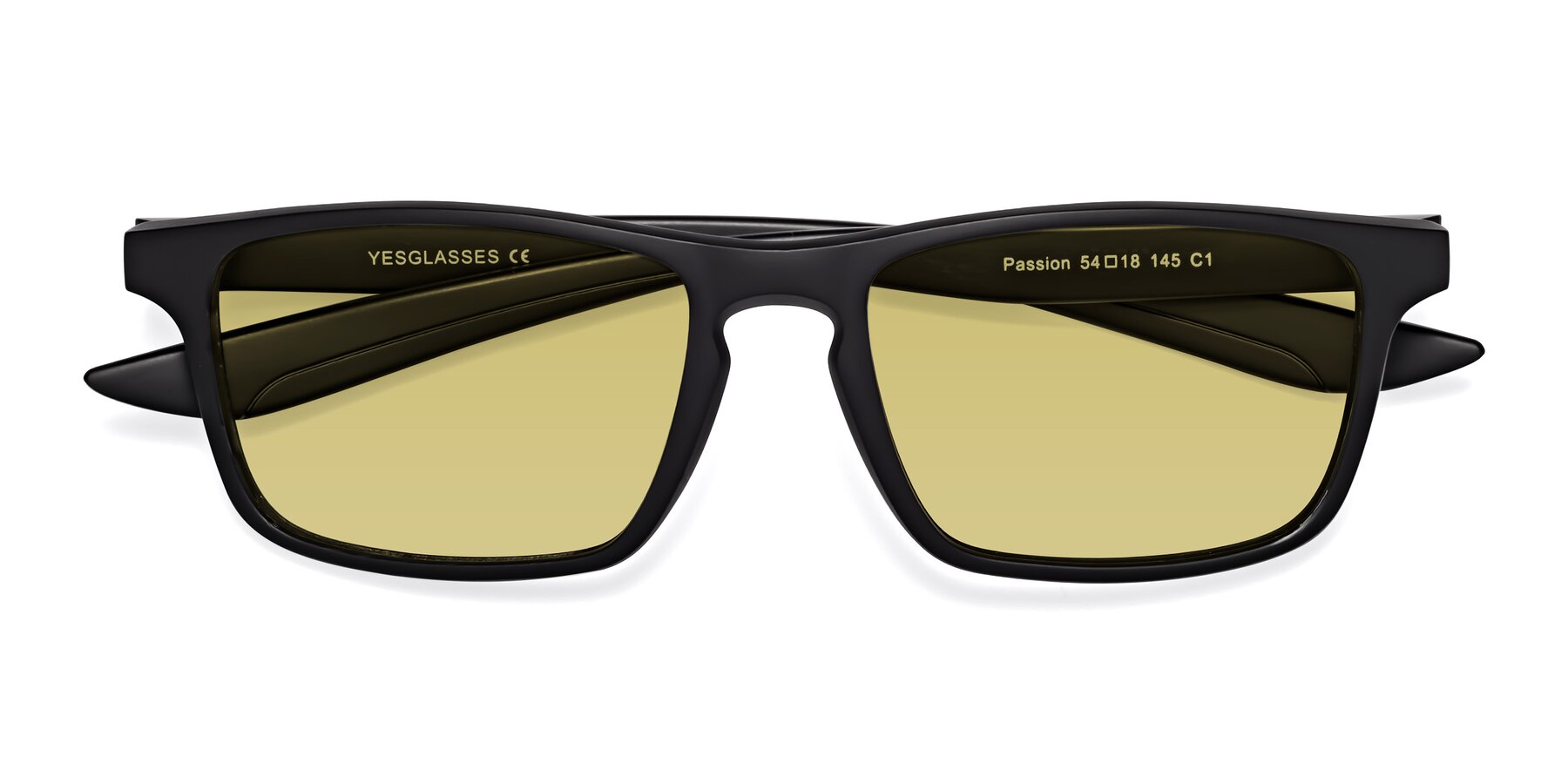 Folded Front of Passion in Matte Black with Medium Champagne Tinted Lenses