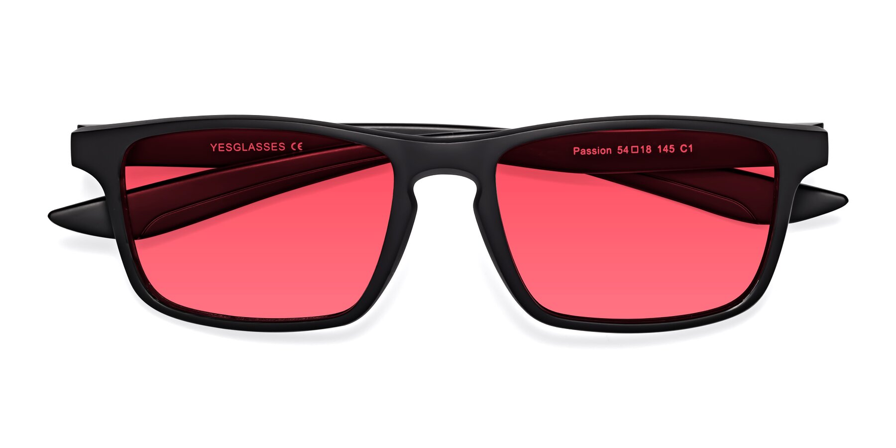 Folded Front of Passion in Matte Black with Red Tinted Lenses