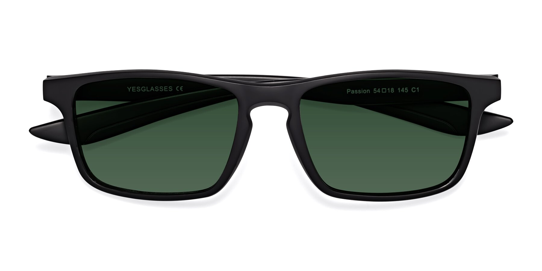 Folded Front of Passion in Matte Black with Green Tinted Lenses