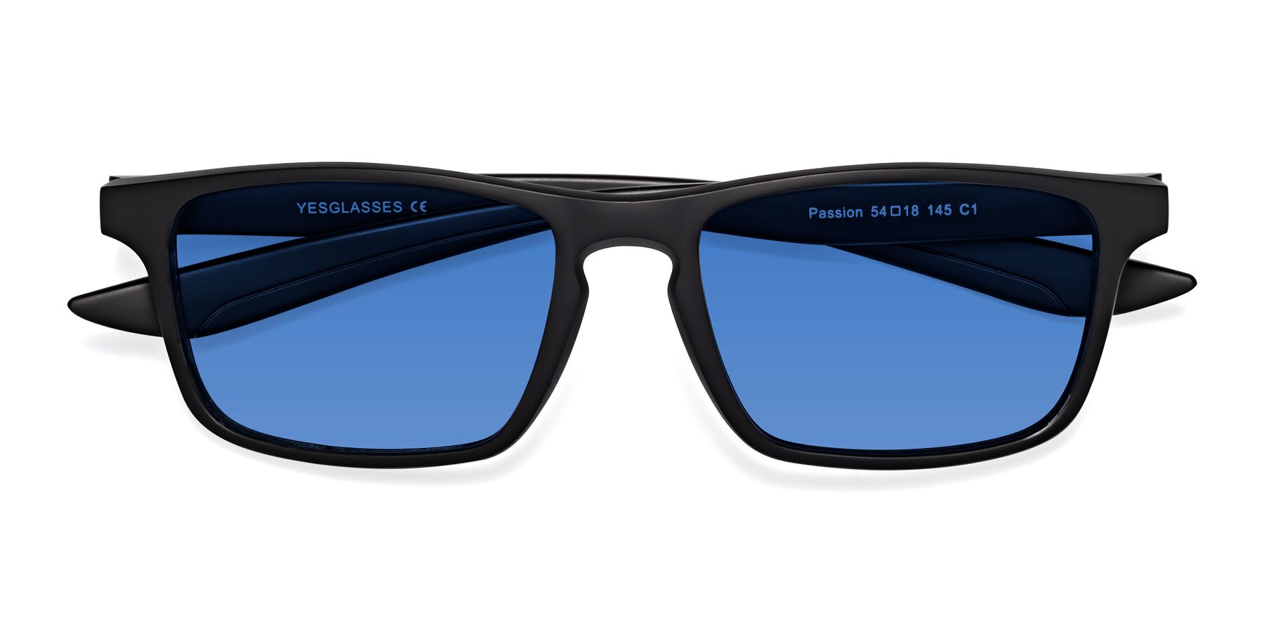 Folded Front of Passion in Matte Black with Blue Tinted Lenses