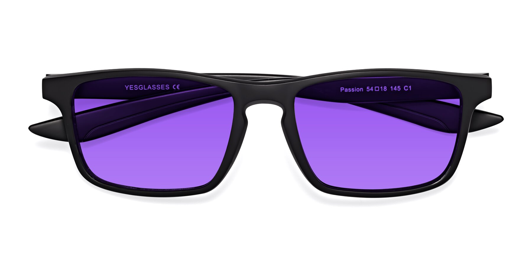 Folded Front of Passion in Matte Black with Purple Tinted Lenses