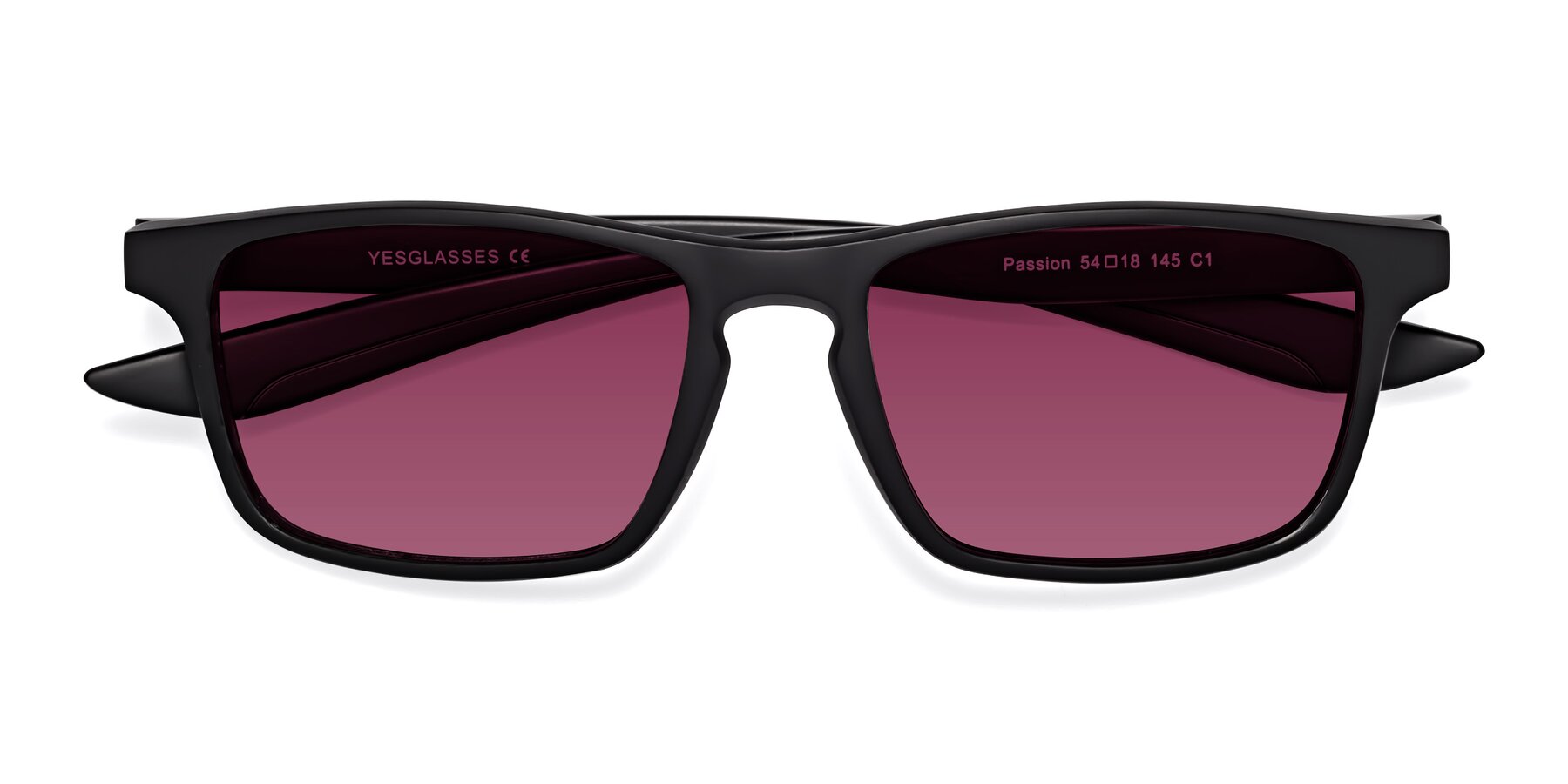 Folded Front of Passion in Matte Black with Wine Tinted Lenses