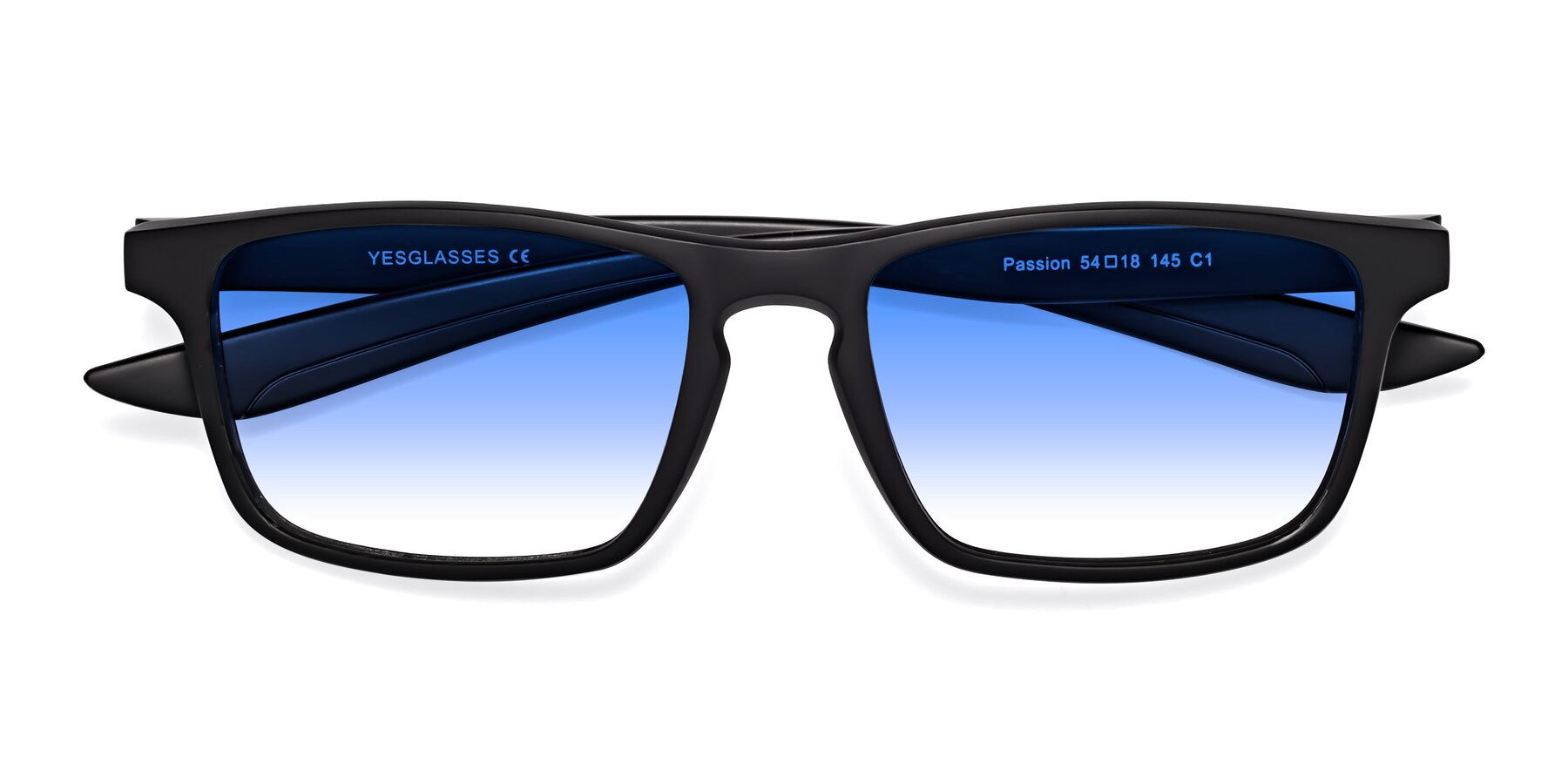 Folded Front of Passion in Matte Black with Blue Gradient Lenses