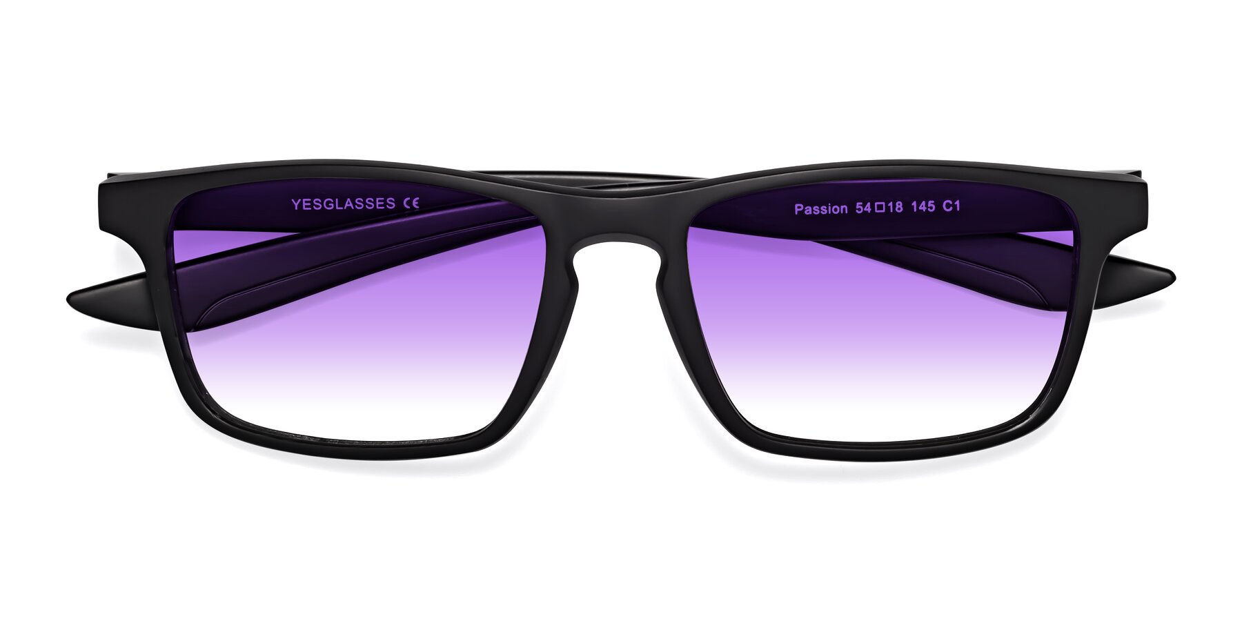 Folded Front of Passion in Matte Black with Purple Gradient Lenses