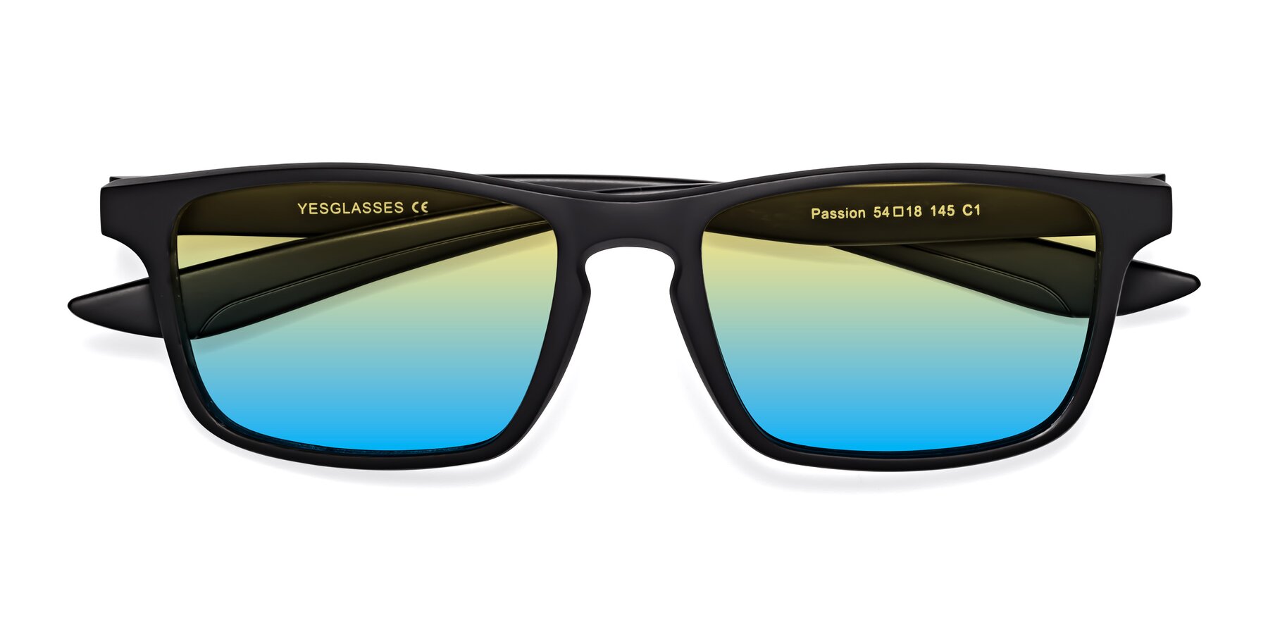 Folded Front of Passion in Matte Black with Yellow / Blue Gradient Lenses