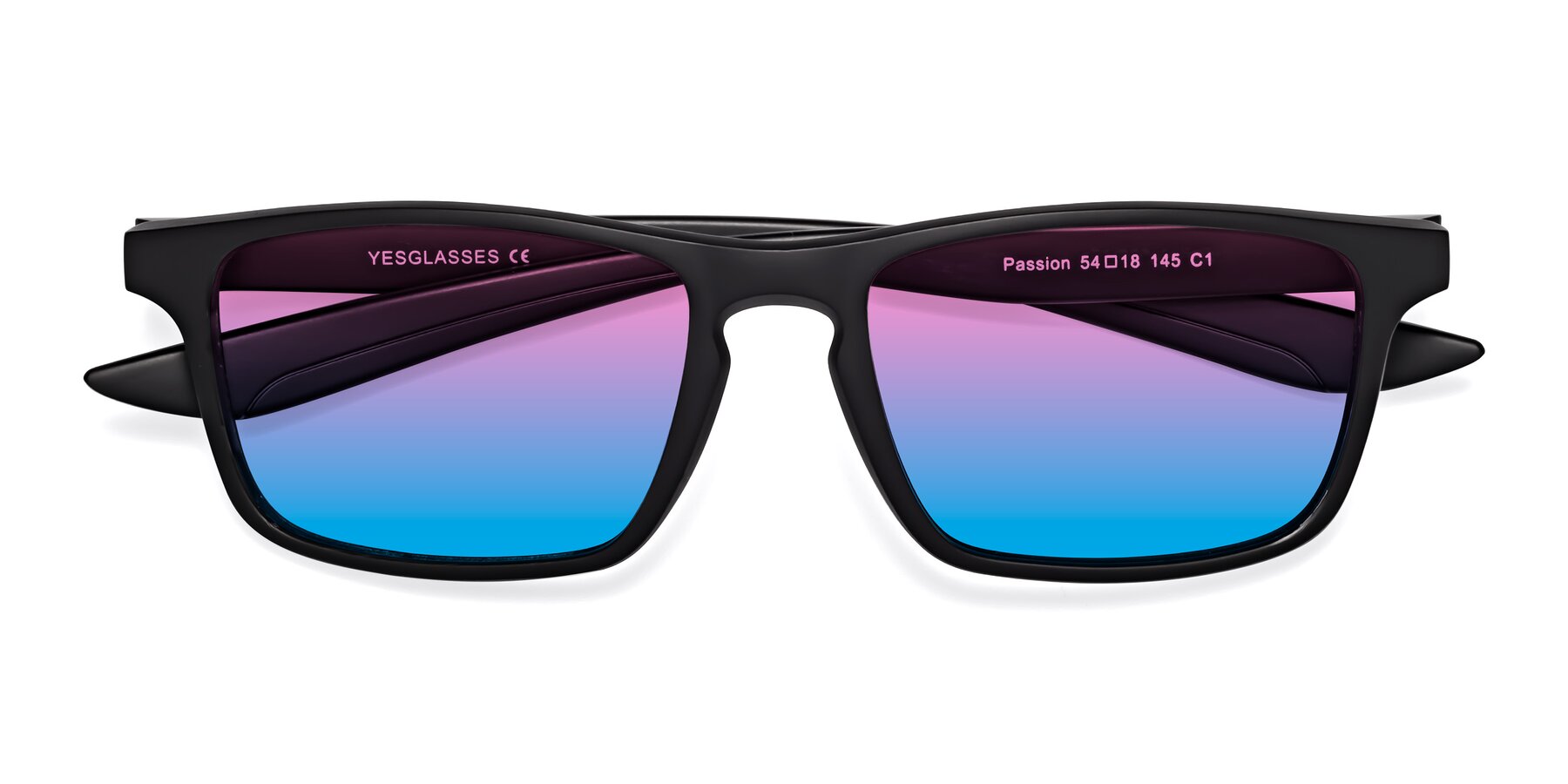 Folded Front of Passion in Matte Black with Pink / Blue Gradient Lenses