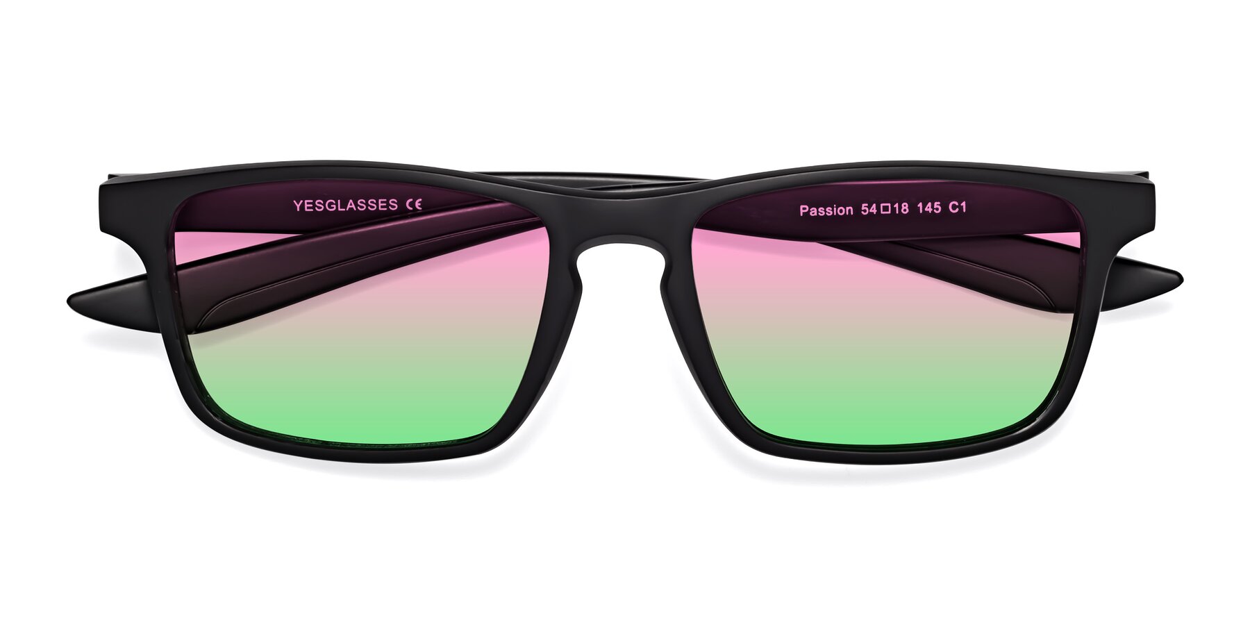Folded Front of Passion in Matte Black with Pink / Green Gradient Lenses