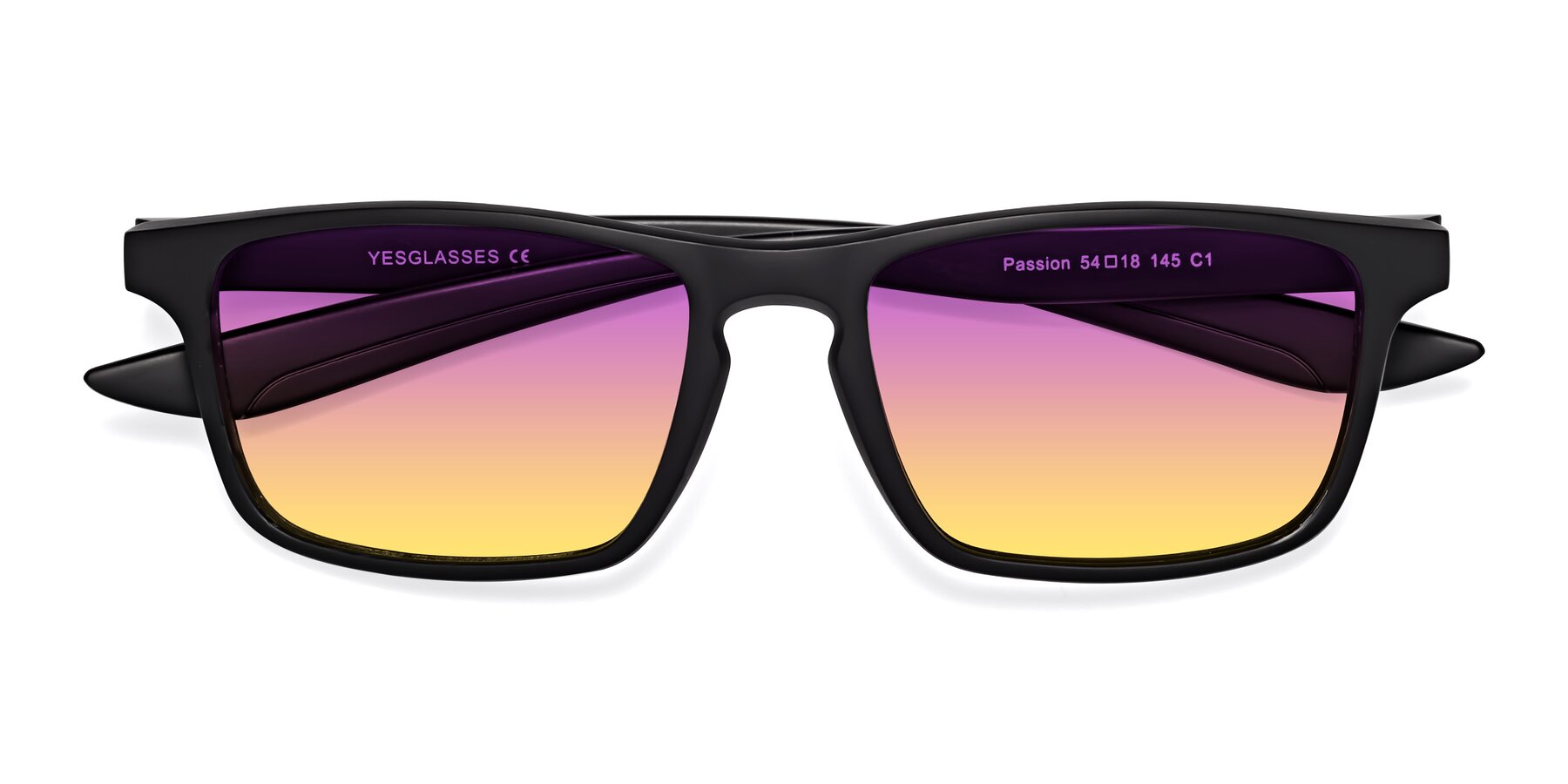 Folded Front of Passion in Matte Black with Purple / Yellow Gradient Lenses
