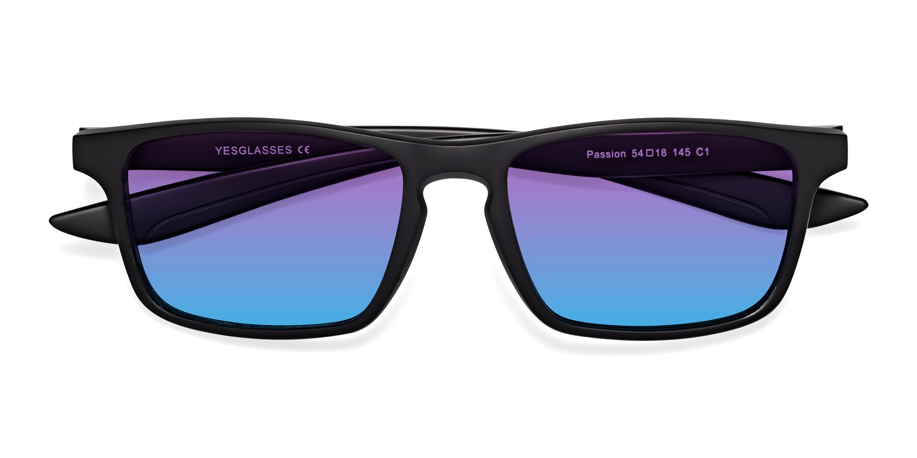 Folded Front of Passion in Matte Black with Purple / Blue Gradient Lenses
