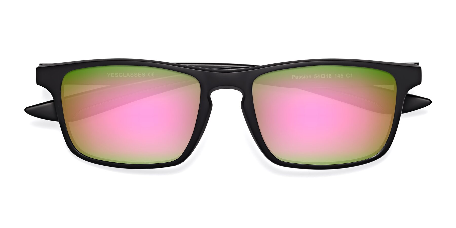 Folded Front of Passion in Matte Black with Pink Mirrored Lenses