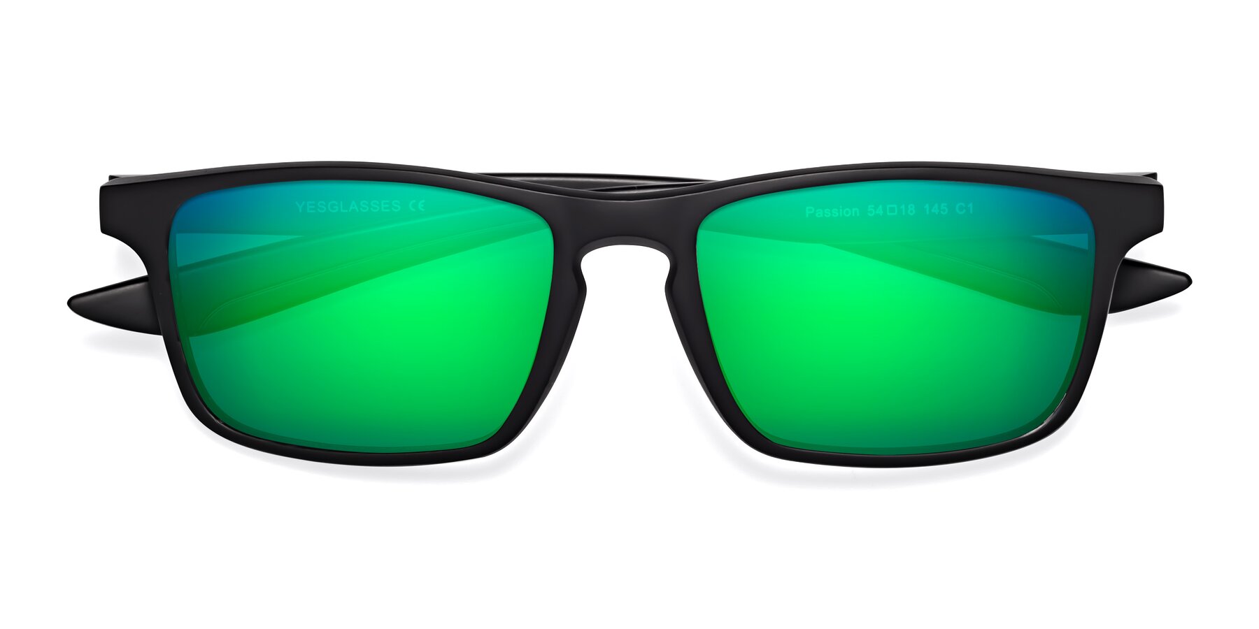 Folded Front of Passion in Matte Black with Green Mirrored Lenses