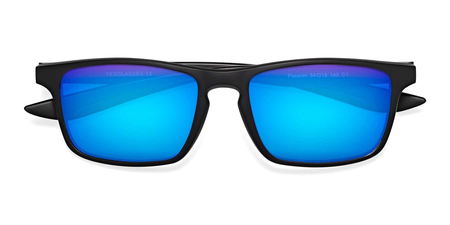 Folded Front of Passion in Matte Black with Blue Mirrored Lenses
